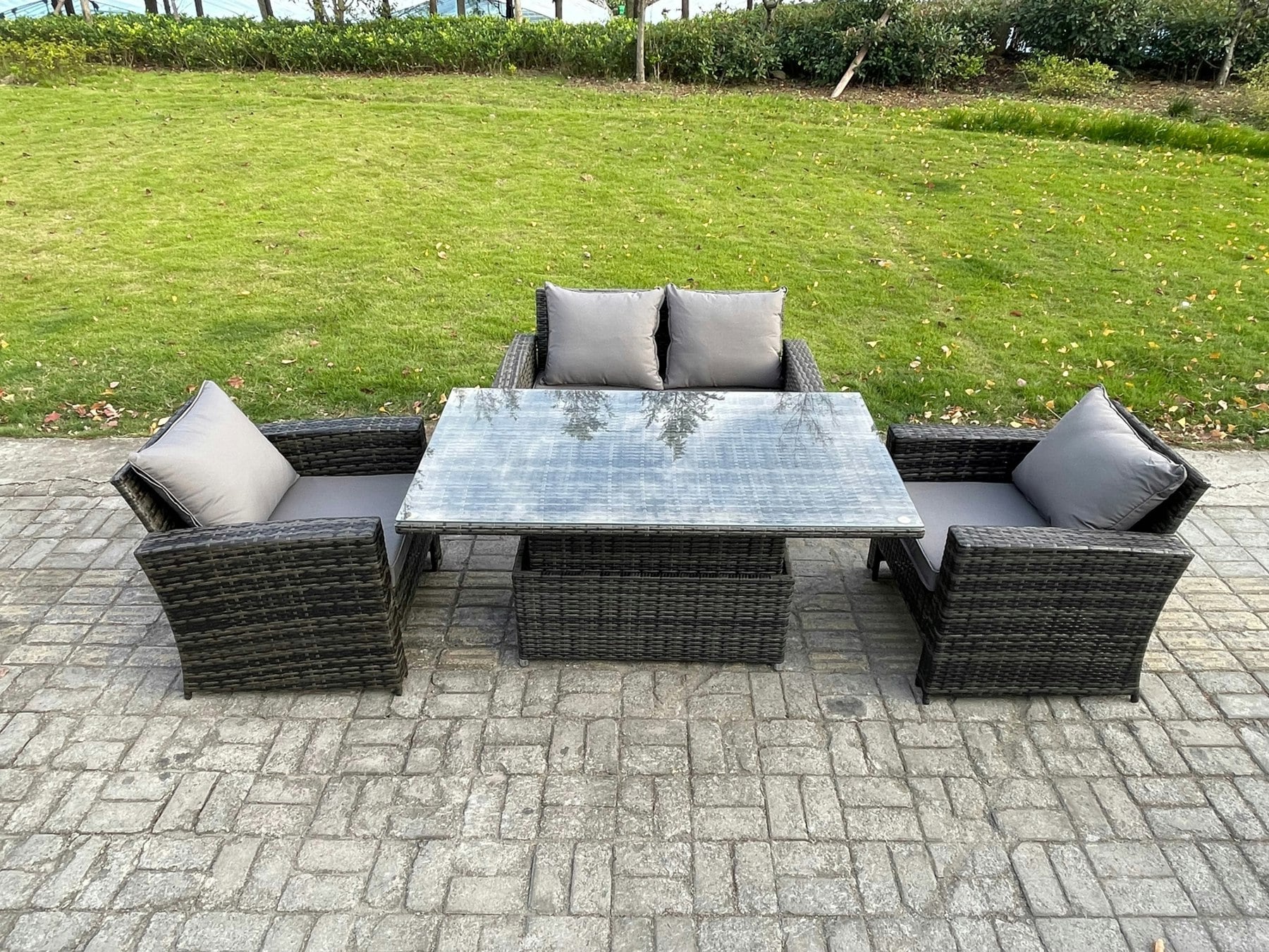 Rackhams Dark/Grey High Back Rattan Garden Furniture Sofa Sets With Height Adjustable Rising Lifting Table Side Table - Mixed