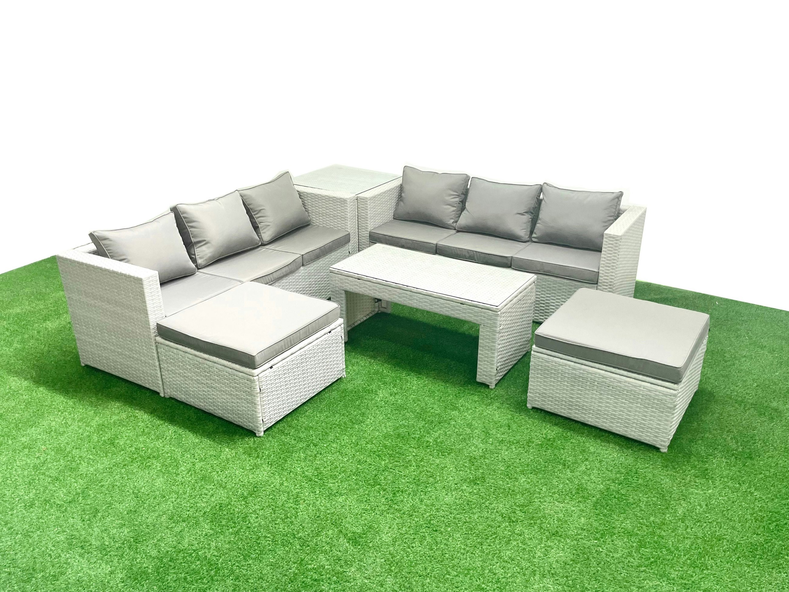 Fimous Light/Grey 8 Seater Garden Outdoor Rattan Furniture Set Rattan Garden Sofa Oblong Coffee Table With 2 Big Footstools Side Table Mixed