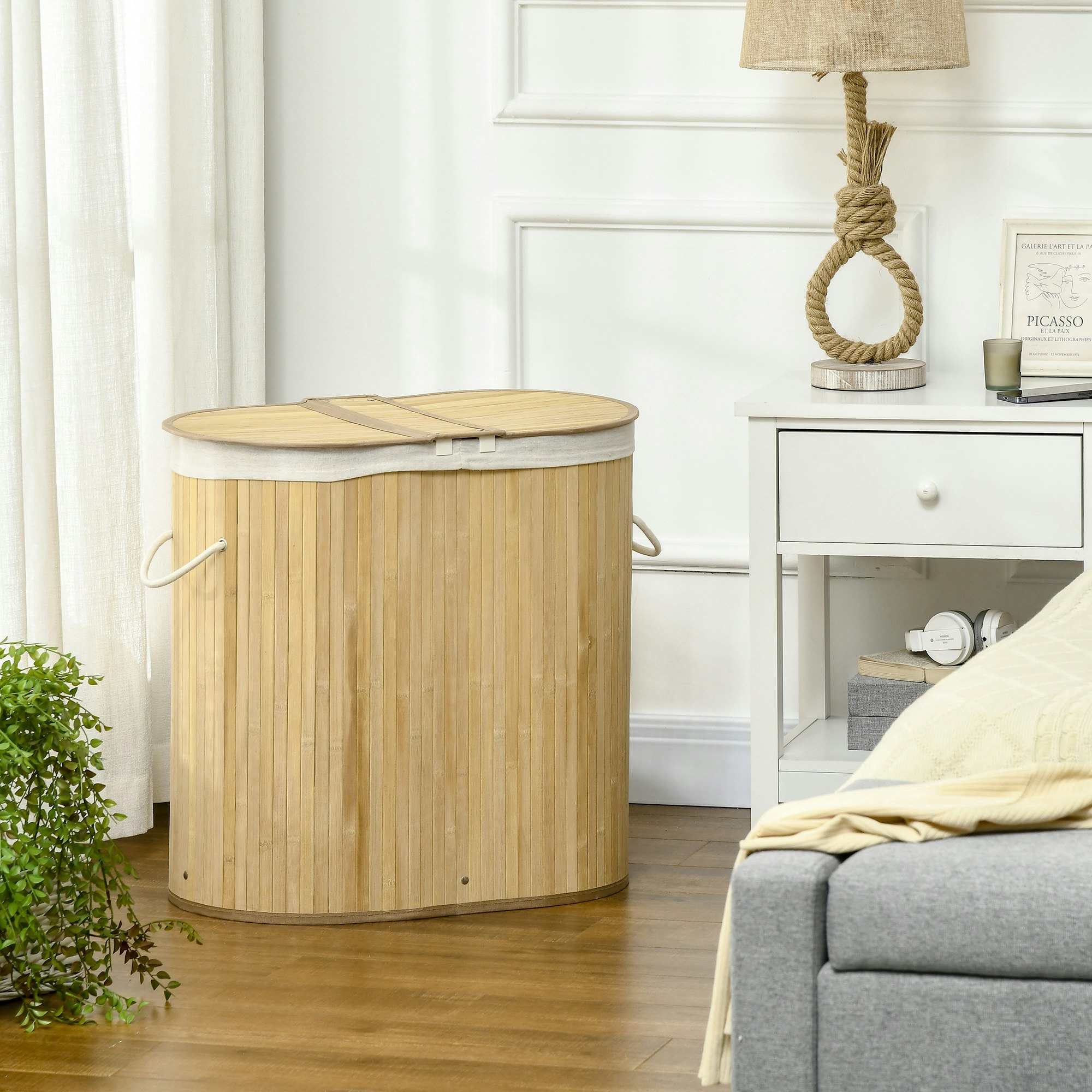 Homcom 100L Bamboo Laundry Basket W/ 2 Compartments Washing Baskets - Natural Wood Finish