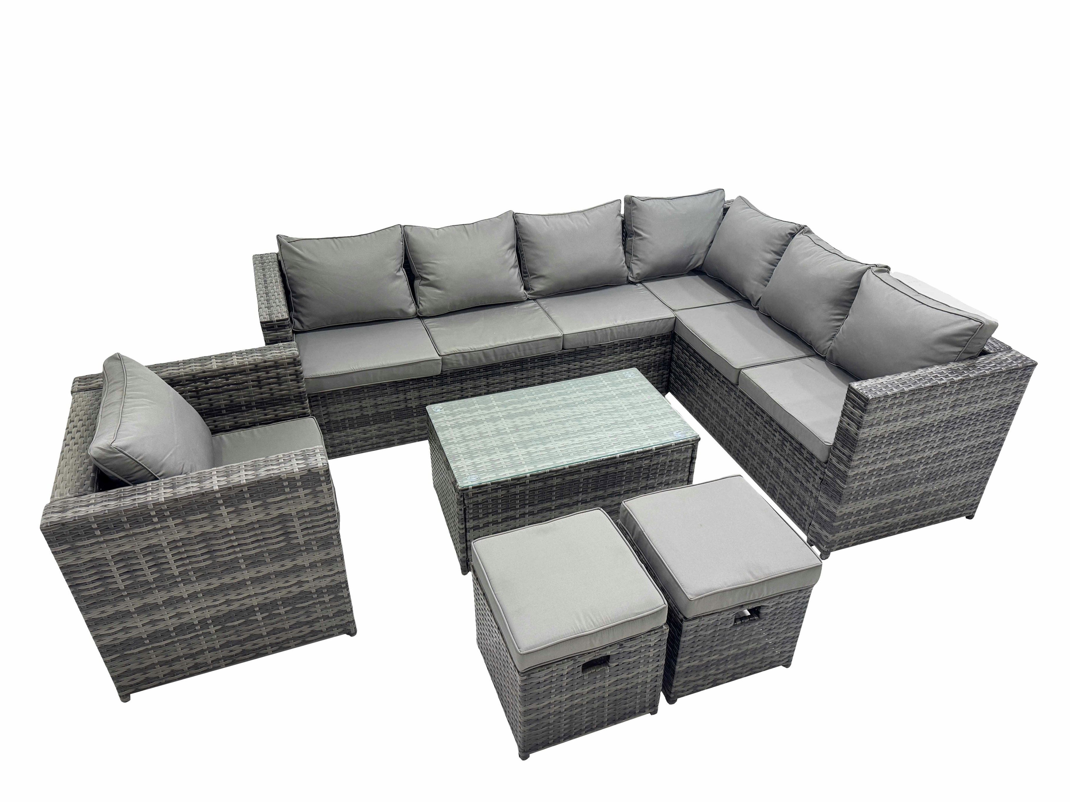 Rackhams Dark/Grey Patio Sofa Oblong Coffee Table Set Rattan Garden Furniture Set With 2 Small Stools Mixed