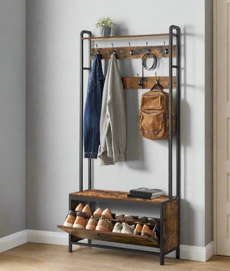 Rackhams Brown Hall Tree With Bench, Shoe Storage, 9 Hooks, Top Shelf, Industrial Coat Rack For Hallway, Rustic