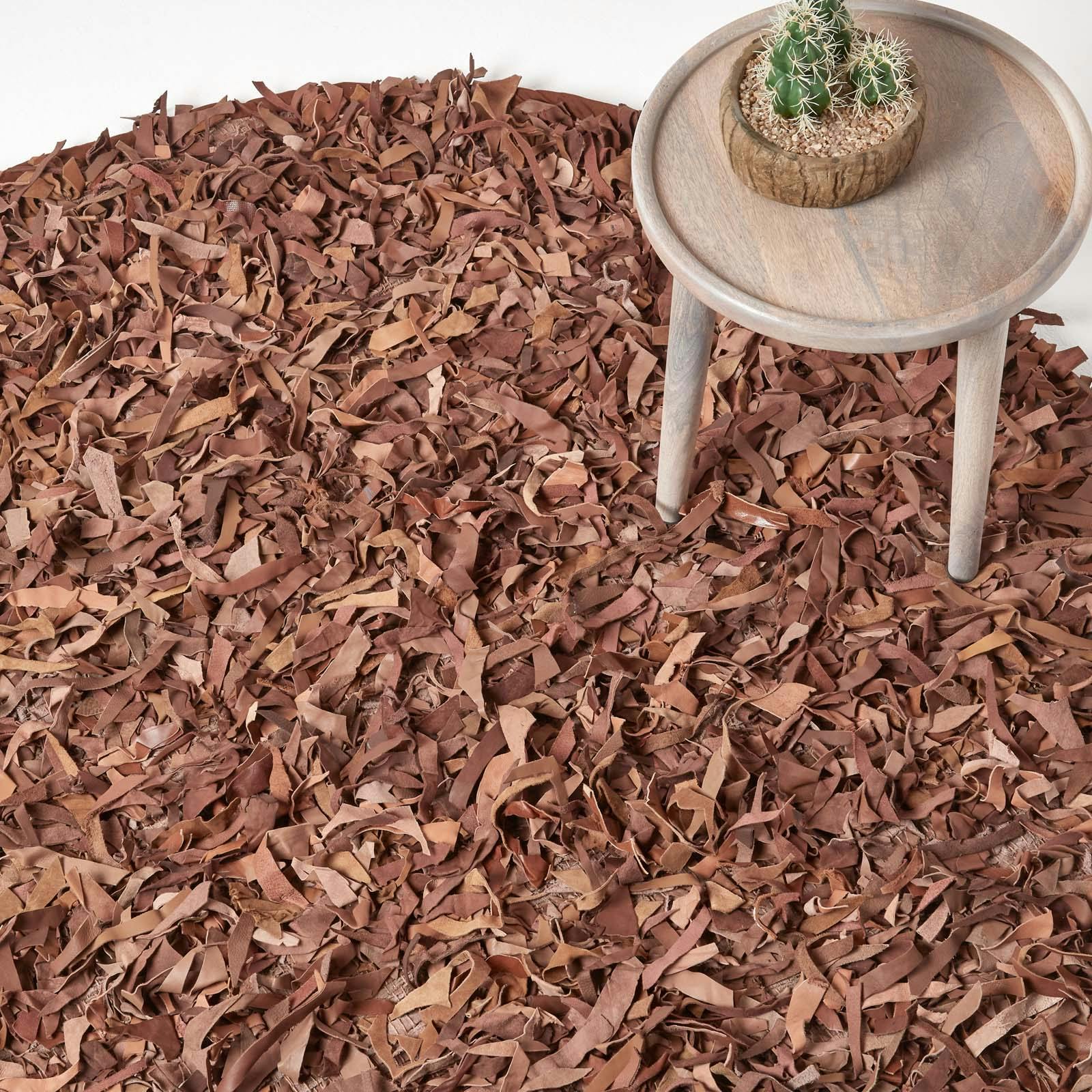 Homescapes Brown Dallas Leather Shaggy Rug - 150 Cm Round
