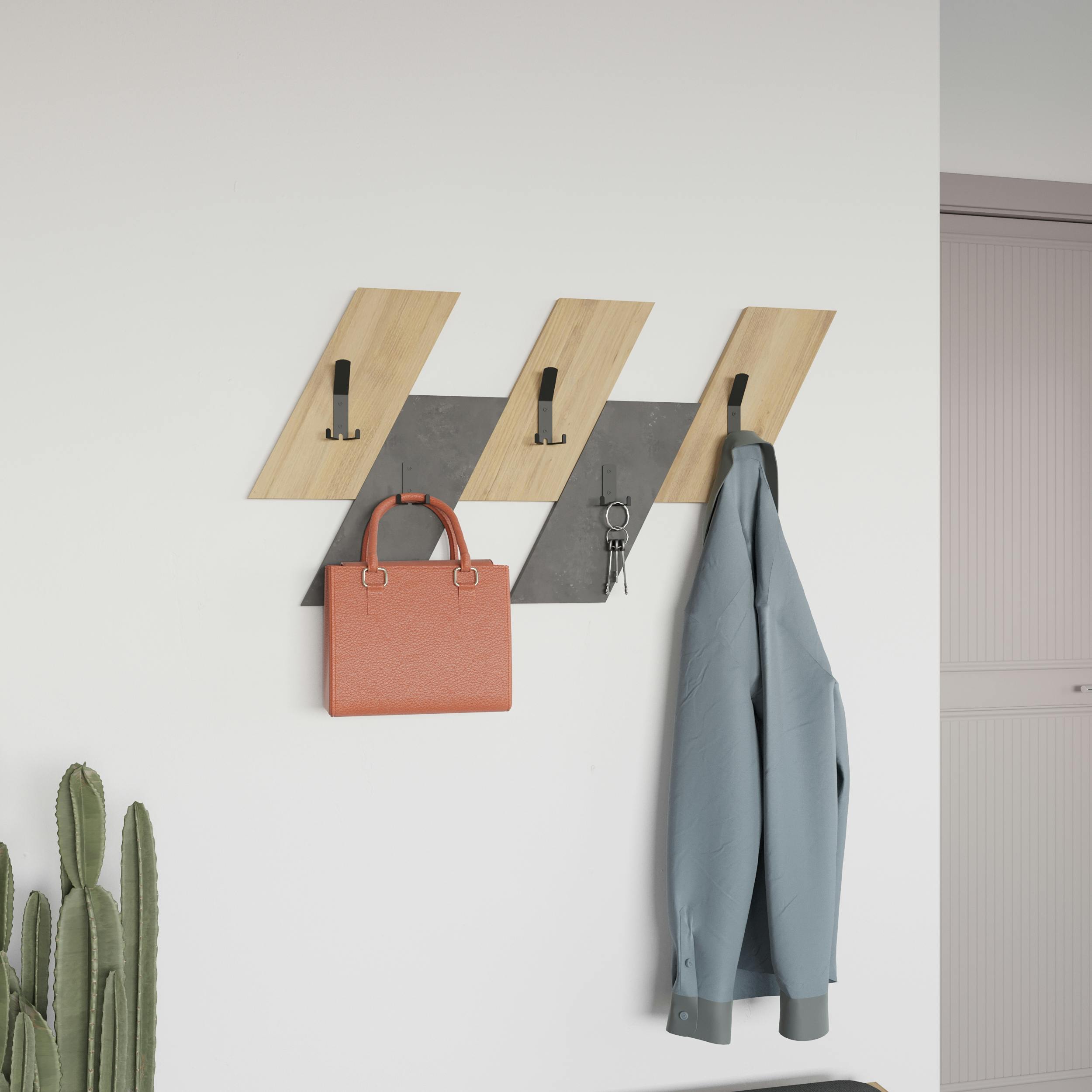 Rackhams Grey/Black Modern Livy Wall-Mounted Hanger Oak Retro Engineered Wood Geometric Shape 5 Metal Hook 75.2(W)X1.8(D)X45.3(H) - Oak-Retro