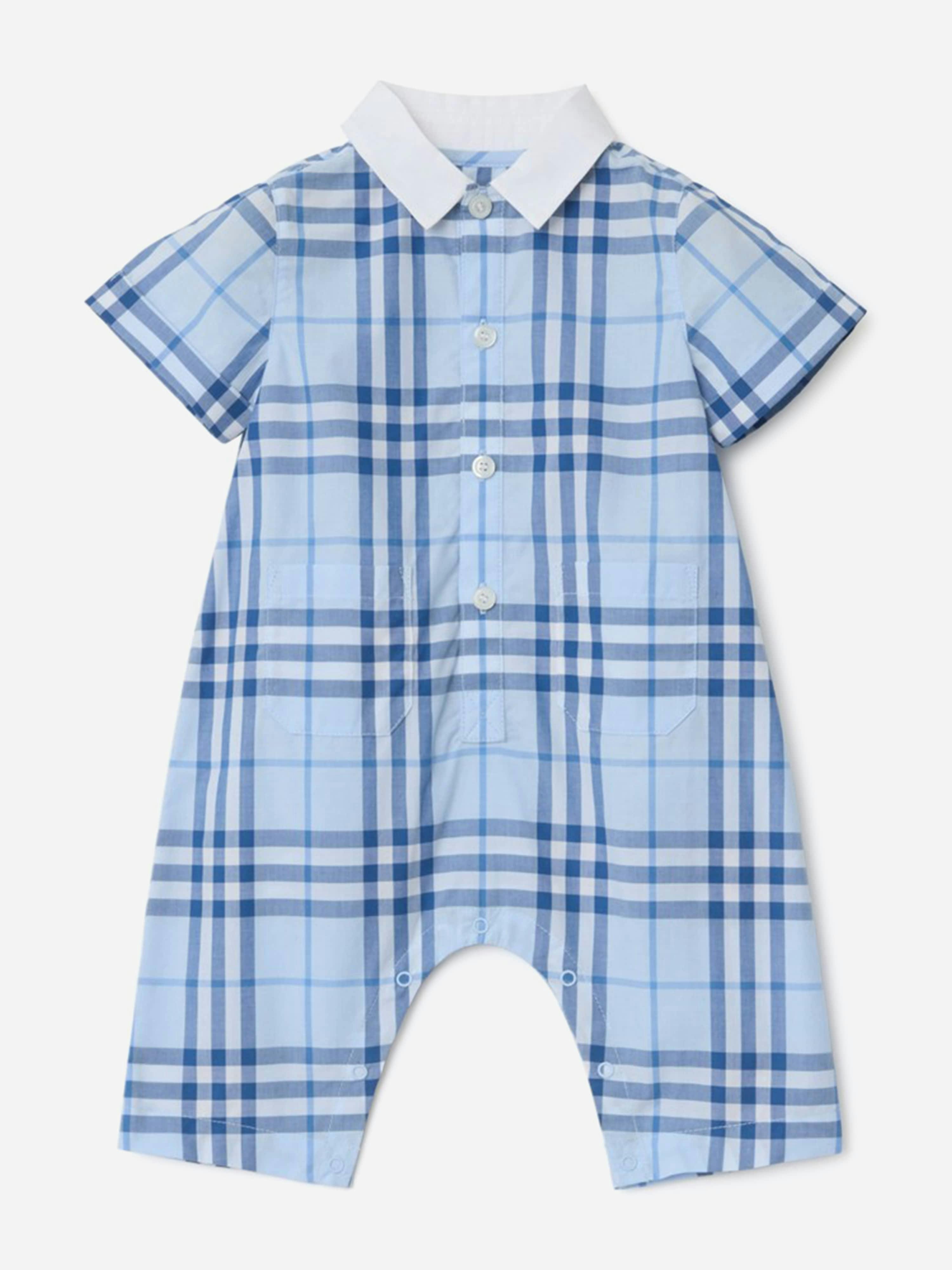 Burberry Kids Boys Blue Burberry Baby Andreas Check Cotton Romper In - 9 Mths