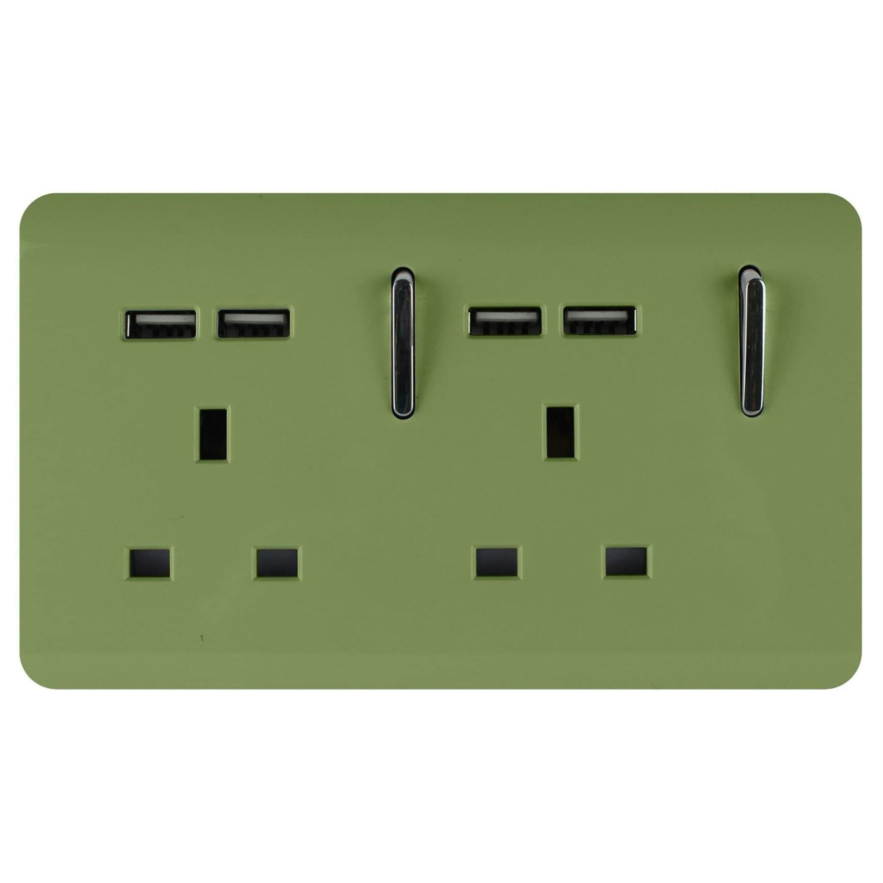 Trendi 2 Gang Artistic Modern Glossy Screwless Raised 13 Amp 240v Short 4 USB Type A Charging Points Double Chrome Switched Electrical Wall Plug Socket Moss Green - ART-SKT213USBMG - Image 5