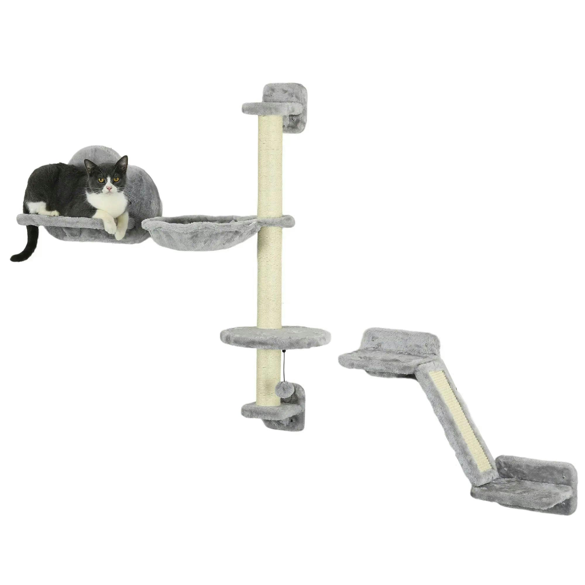 PAWHUT Three-Piece Wall-Mounted Ca Shelves w/ Hammock, Platforms, Ladder, Scratch Post in Grey - Image 6
