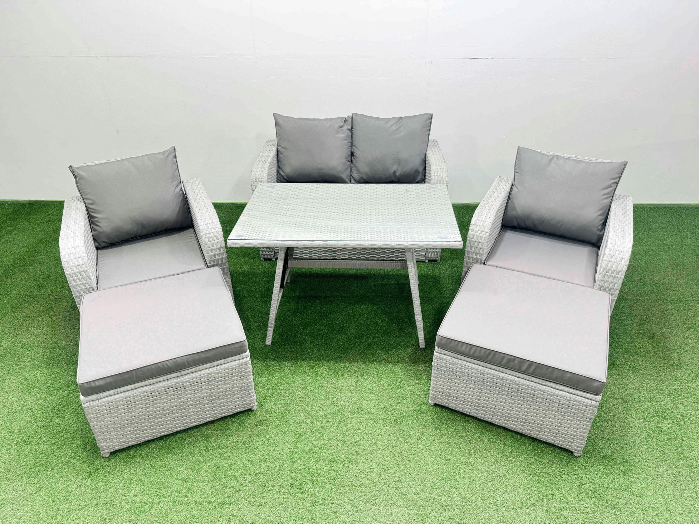 Rackhams Light/Grey Pe Wicker Rattan Garden Furniture Set Sofa Set Reclining Chair Love Sofa Rectangular Dining Table 2 Big Stools