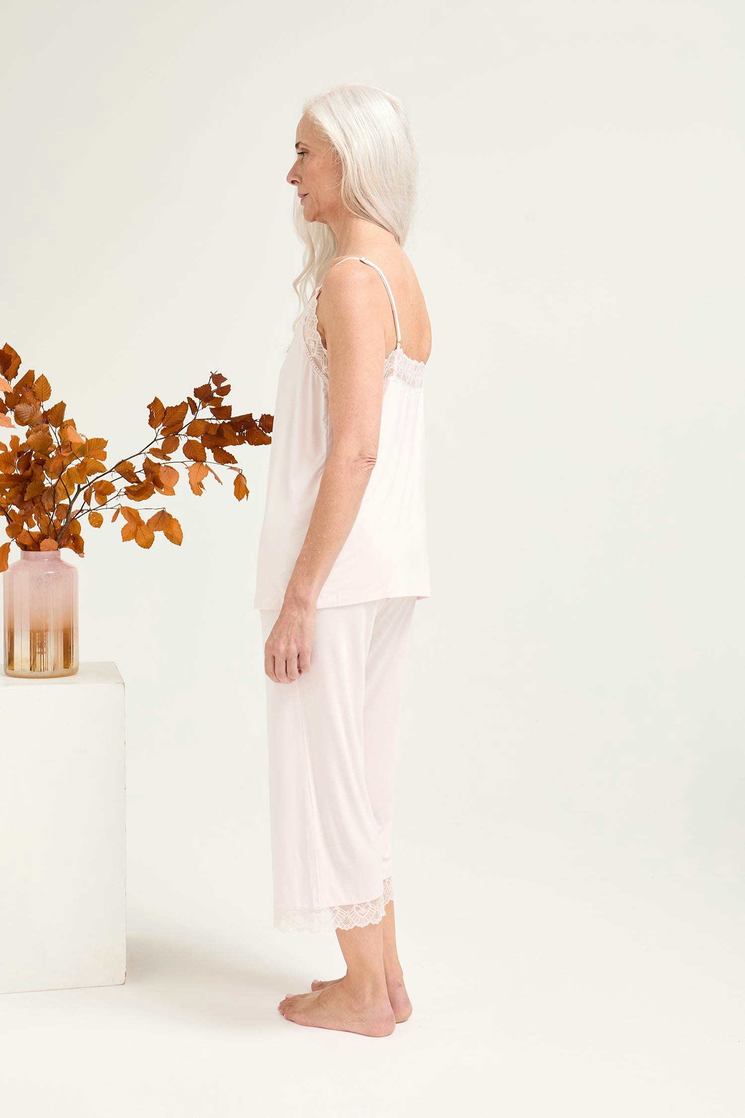 Pretty You London Women's Bamboo Lace Cami Cropped Trouser Pyjama Set In Powder Puff - Uk 8 - Powder Puff
