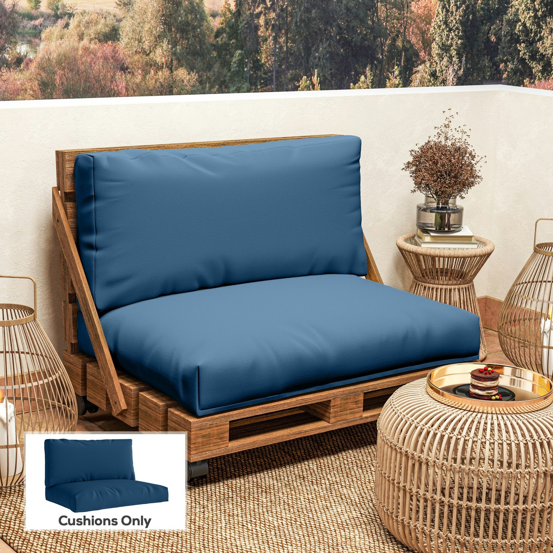 Rackhams Black/Blue 2 Seat Pallet Cushions 20Cm Thick Outdoor Seat Pads, - Navy - Polyester, Pp Cotton - 120L X 80W X 20H Cm