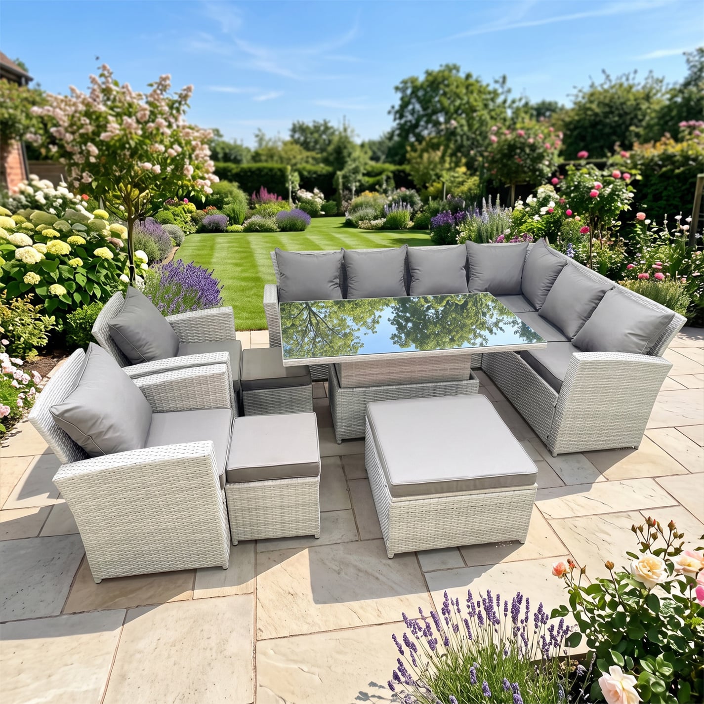 Rackhams Light/Grey 10 Seater Rattan Garden Furniture Set With Adjustable Dining/Coffee Table, 2 Chairs & 3 Footstools