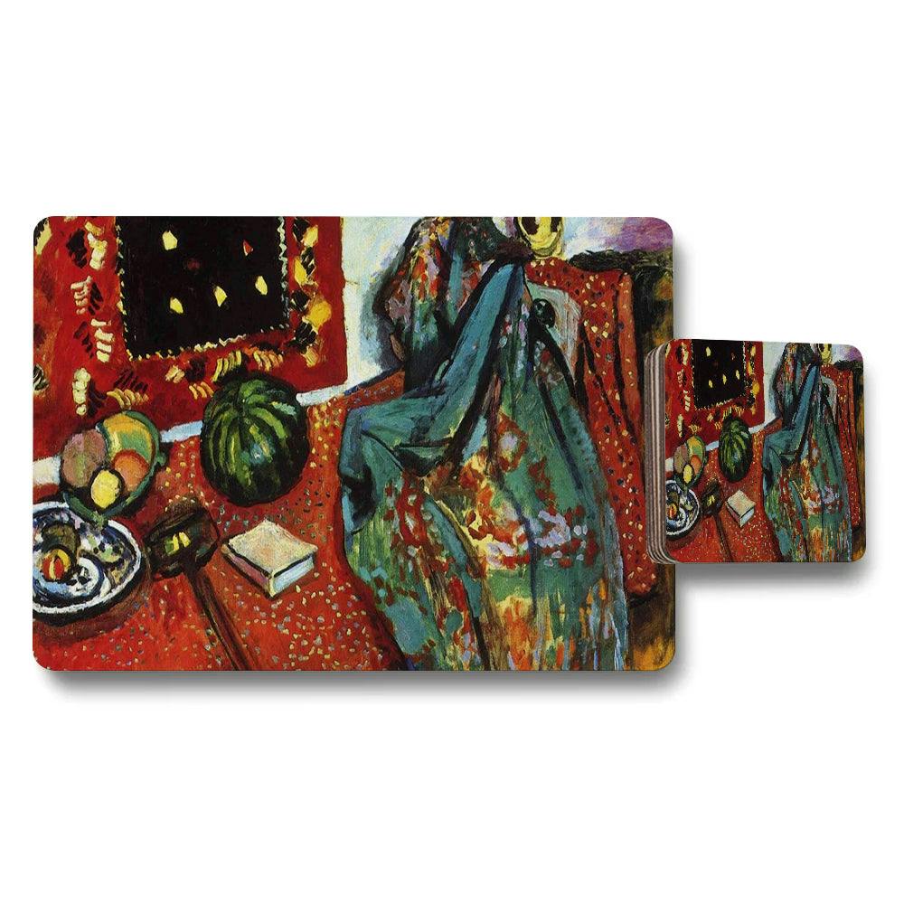 Rackhams Red/Blue/Green Artistic Placemat And Coaster Set Featuring Still Life Painting
