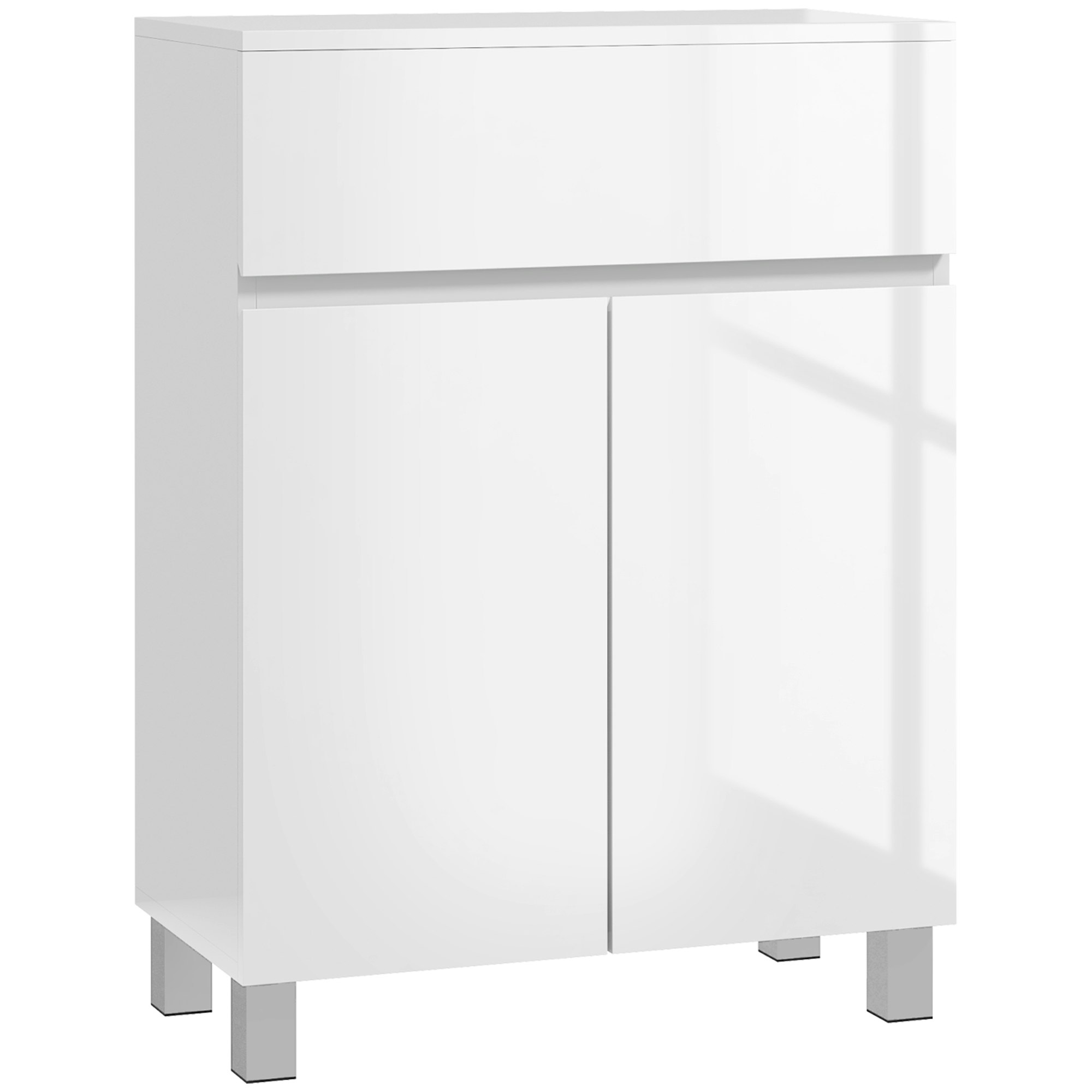 Kleankin White High Gloss Bathroom Floor Cabinet Storage Cupboard With Drawer Small
