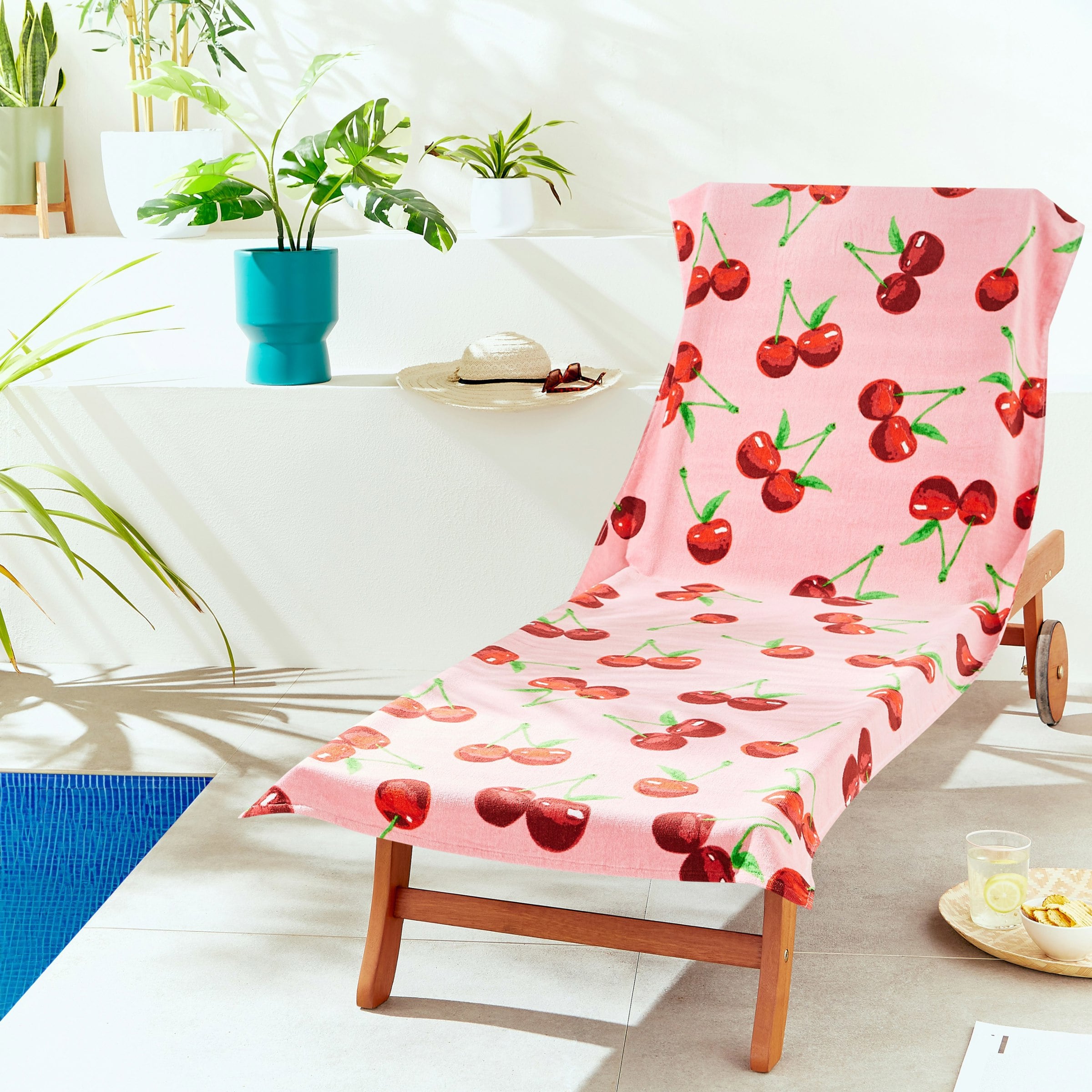 Catherine Lansfield Pink Cherries Cotton Beach Sun Lounger Towel