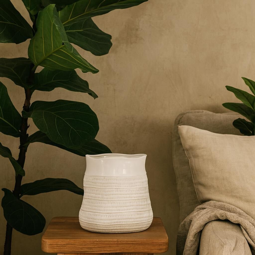 Rackhams Saffron Wide Hewn Ceramic Vase With Textured Scandi Pattern