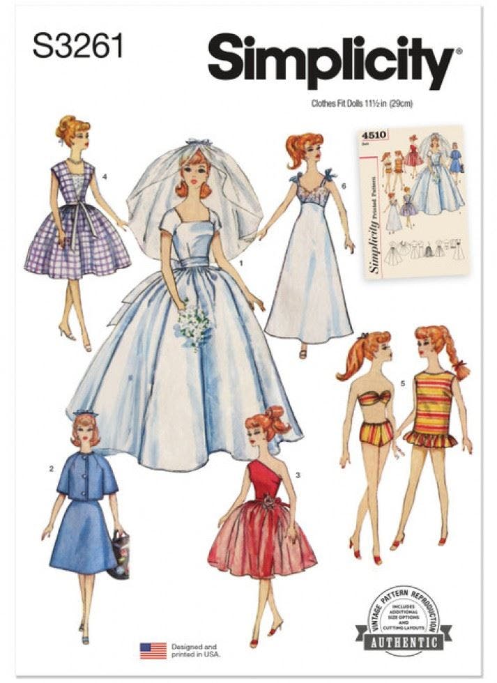 Simplicity Sewing Pattern 3261, Doll Clothes, Vintage Style Os (One Size) - Intermediate - Os (One Size)