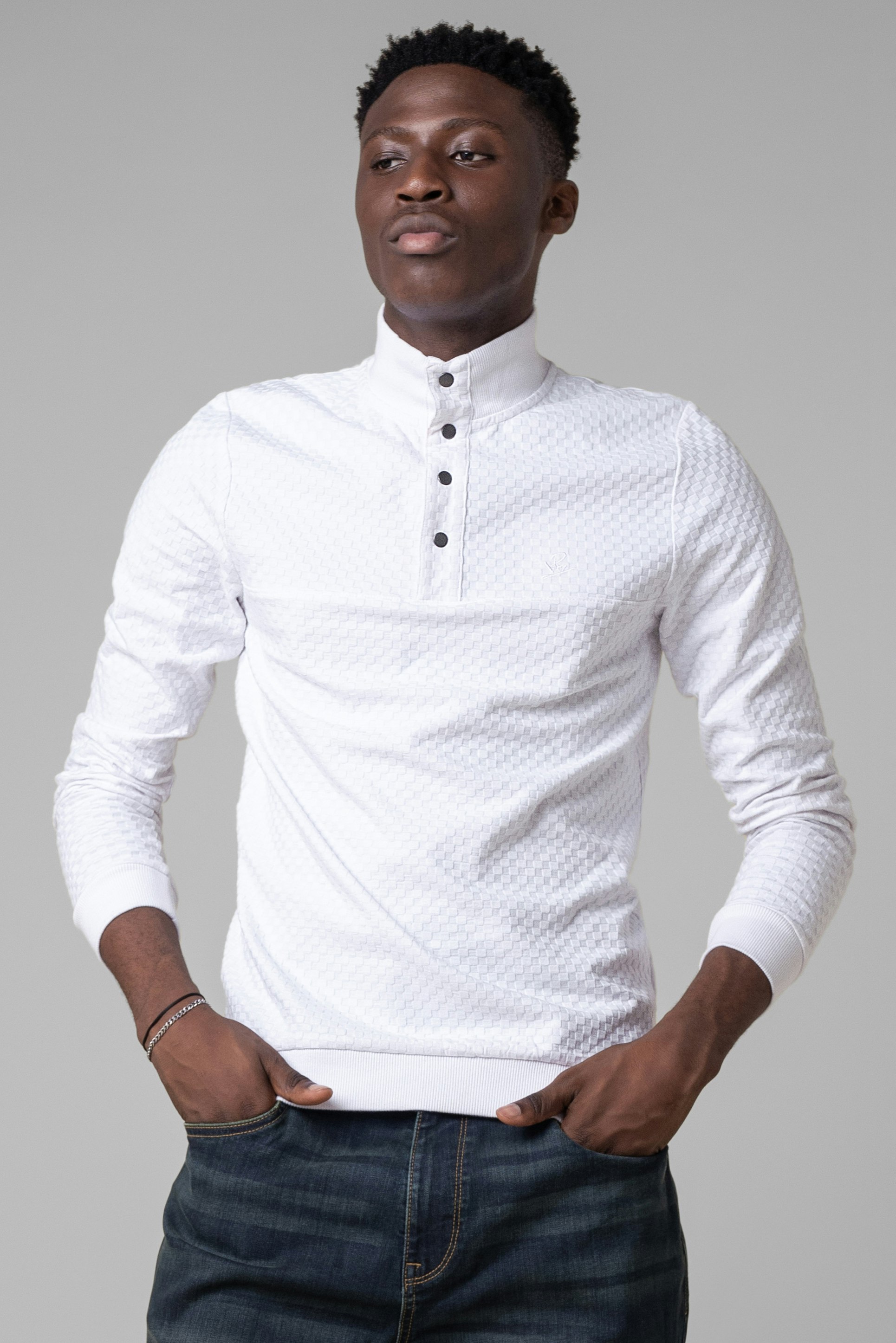 Enorsia White Textured Pattern High Neck Sweatshirt - L - 94% Cotton, 6% Elastane