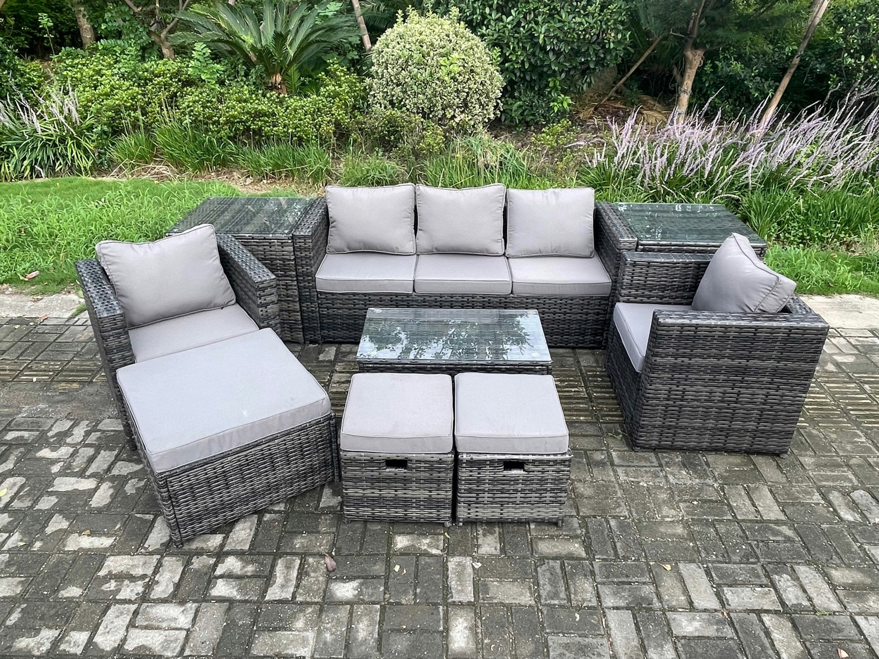 Fimous Dark/Grey 8 Seater Rattan Garden Furniture Set Outdoor Patio Sofa Set With 2 Armchairs 2 Side Tables Oblong Table 3 Footstools Mixed