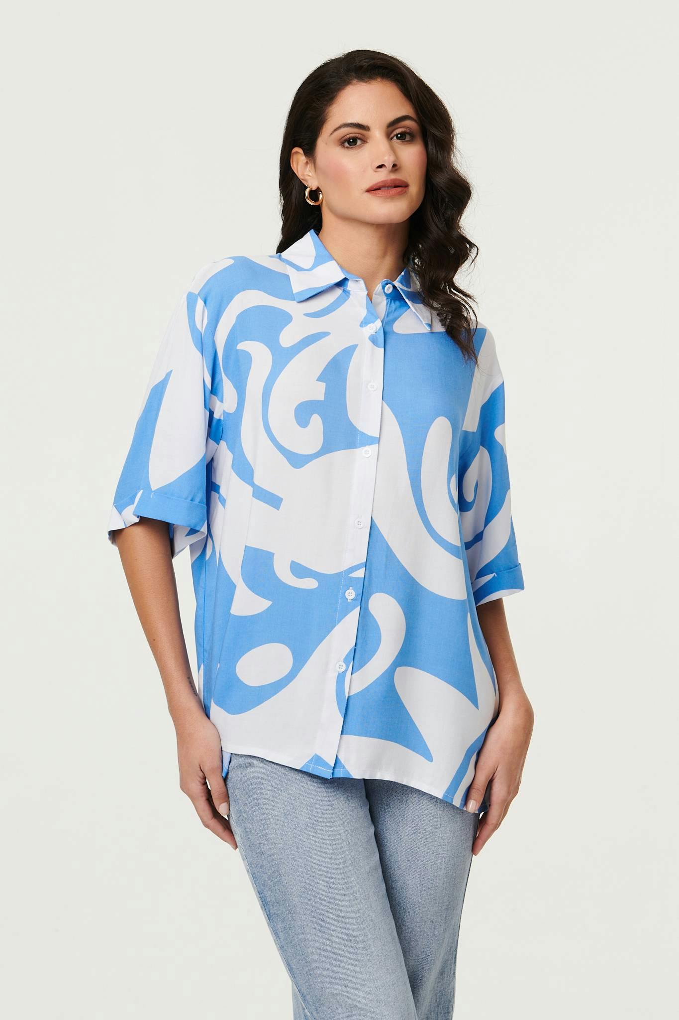 Izabel London Blue Abstract Relaxed 1/2 Sleeve Shirt - 10