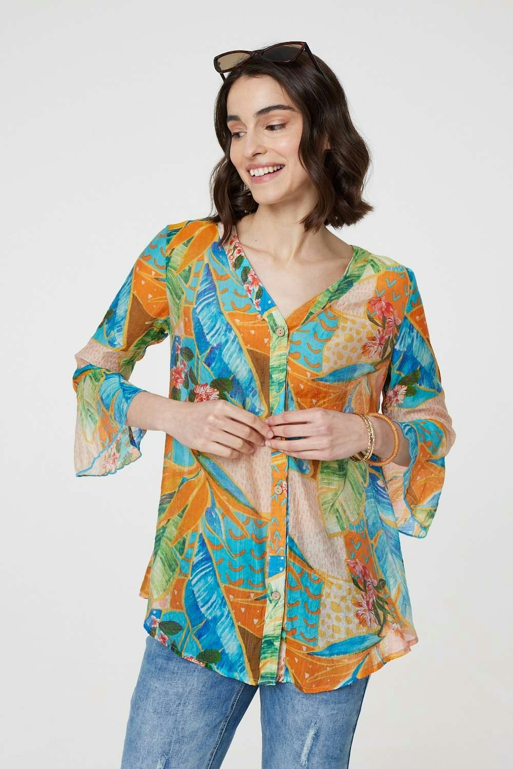 Izabel London Orange Leaf Print Button Front Blouse - 10