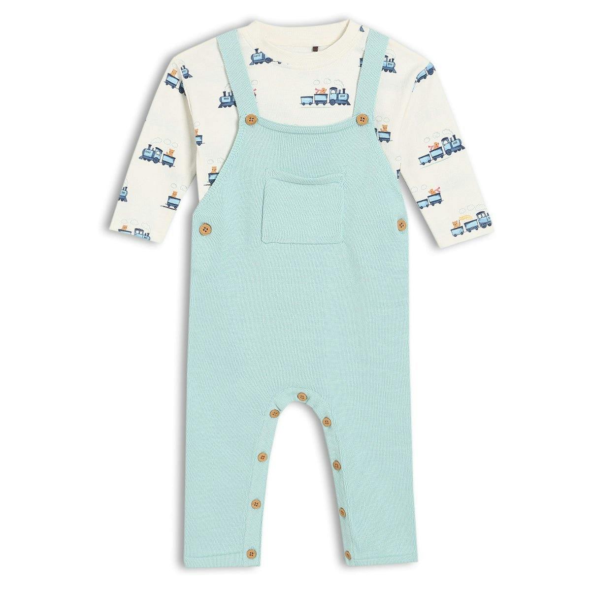 Mini Cuddles Men's Turquoise/Blue Baby Boys Knitted Dungaree 2Pc Set, - 18-24 Months