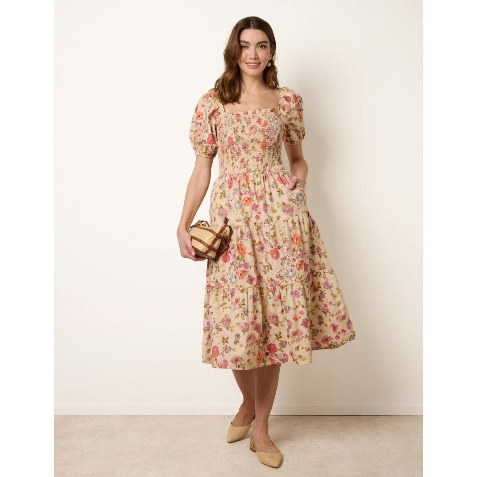 Blue Vanilla Milkmaid Floral Puff Sleeve Shirred Midi Dress - Xl - Multicoloured
