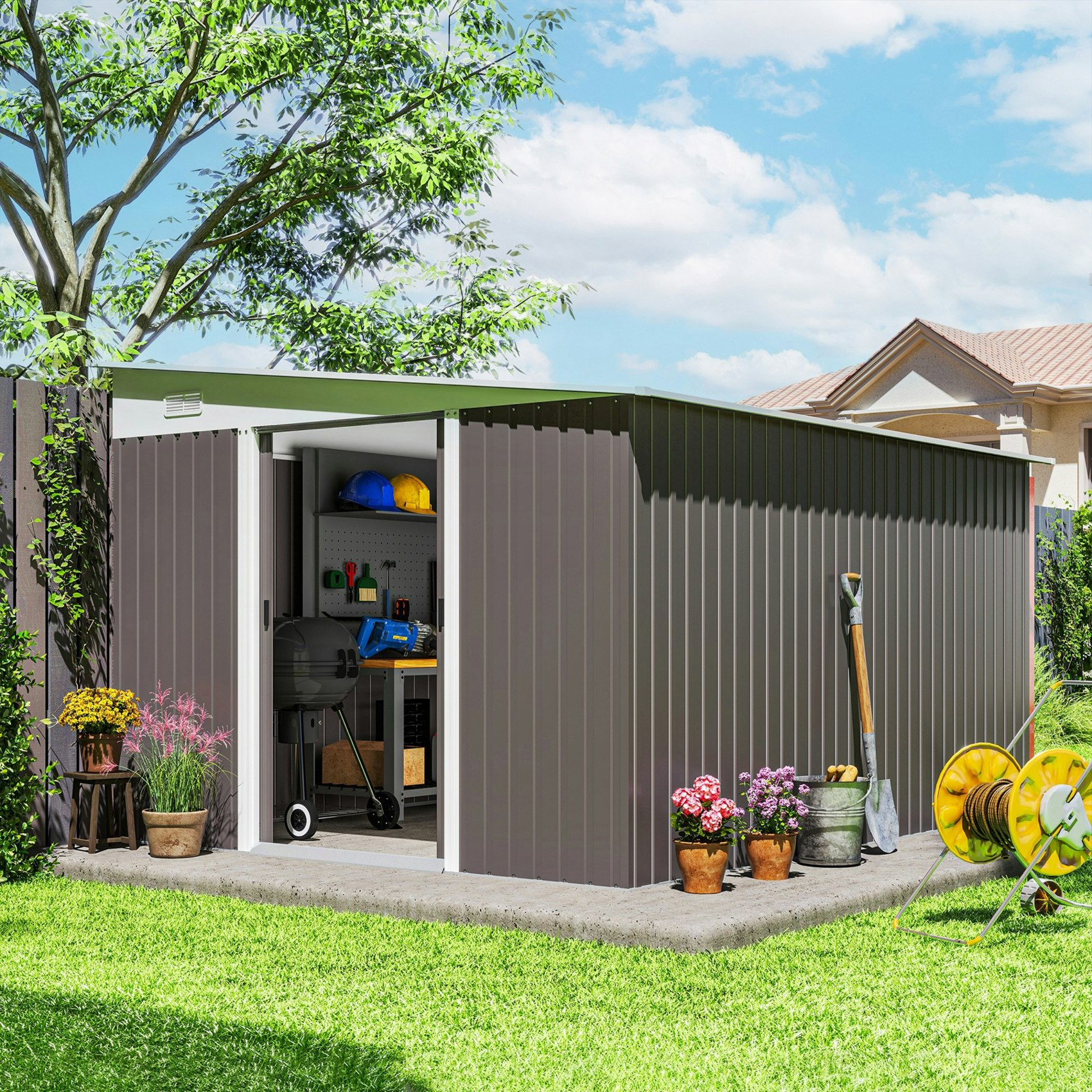 Rackhams Grey 11.3X9.2ft Steel Garden Storage Shed W/ Sliding Doors & 2 Vents,