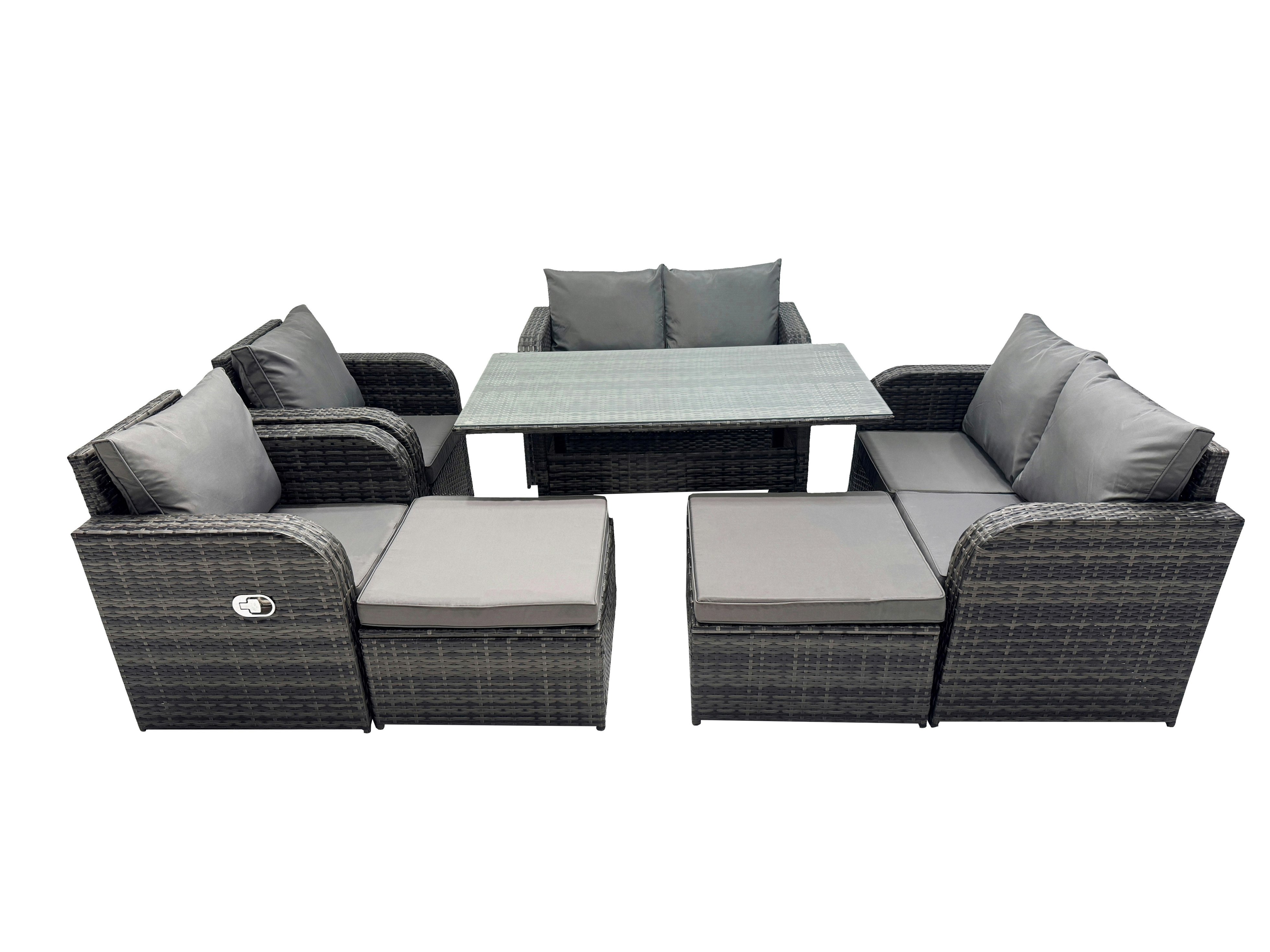 Rackhams Dark/Grey 8 Seat Outdoor Wicker Pe Rattan Garden Furniture Set Dining Table Sofa Sets With 2 Big Stools Mixed