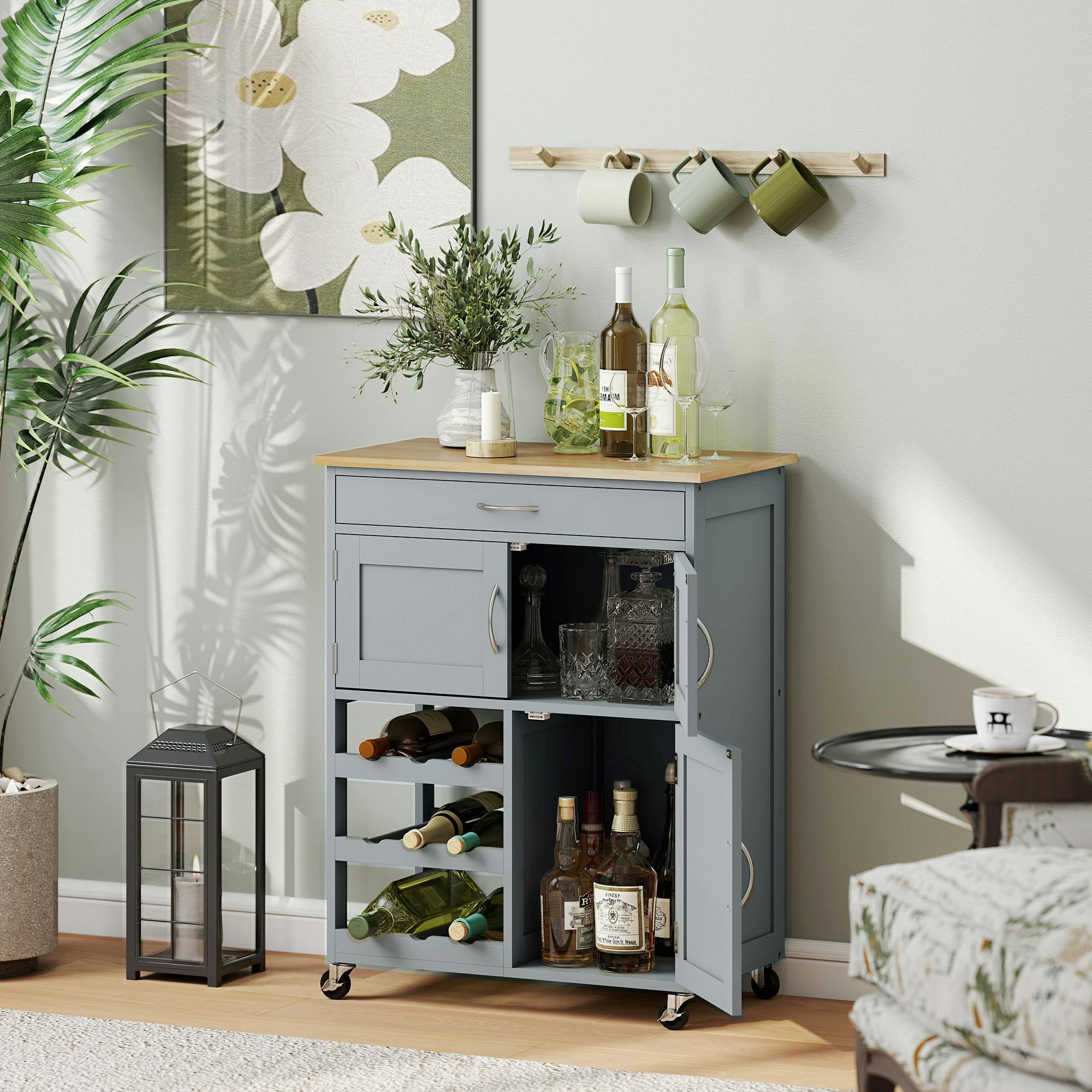 Homcom Grey Rolling Kitchen Island Trolley Storage Cart W/ Rubberwood Top, - 1 - Rubberwood, Mdf