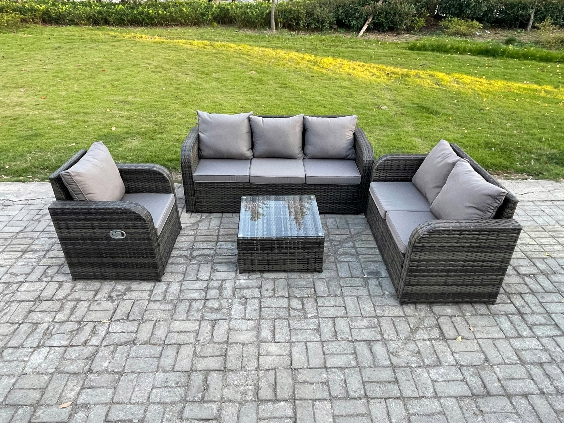 Rackhams Dark/Grey Rattan Garden Furniture 4 Piece Patio Set With Table Sofa Square Coffee Table Reclining Chair Loveseat Sofa