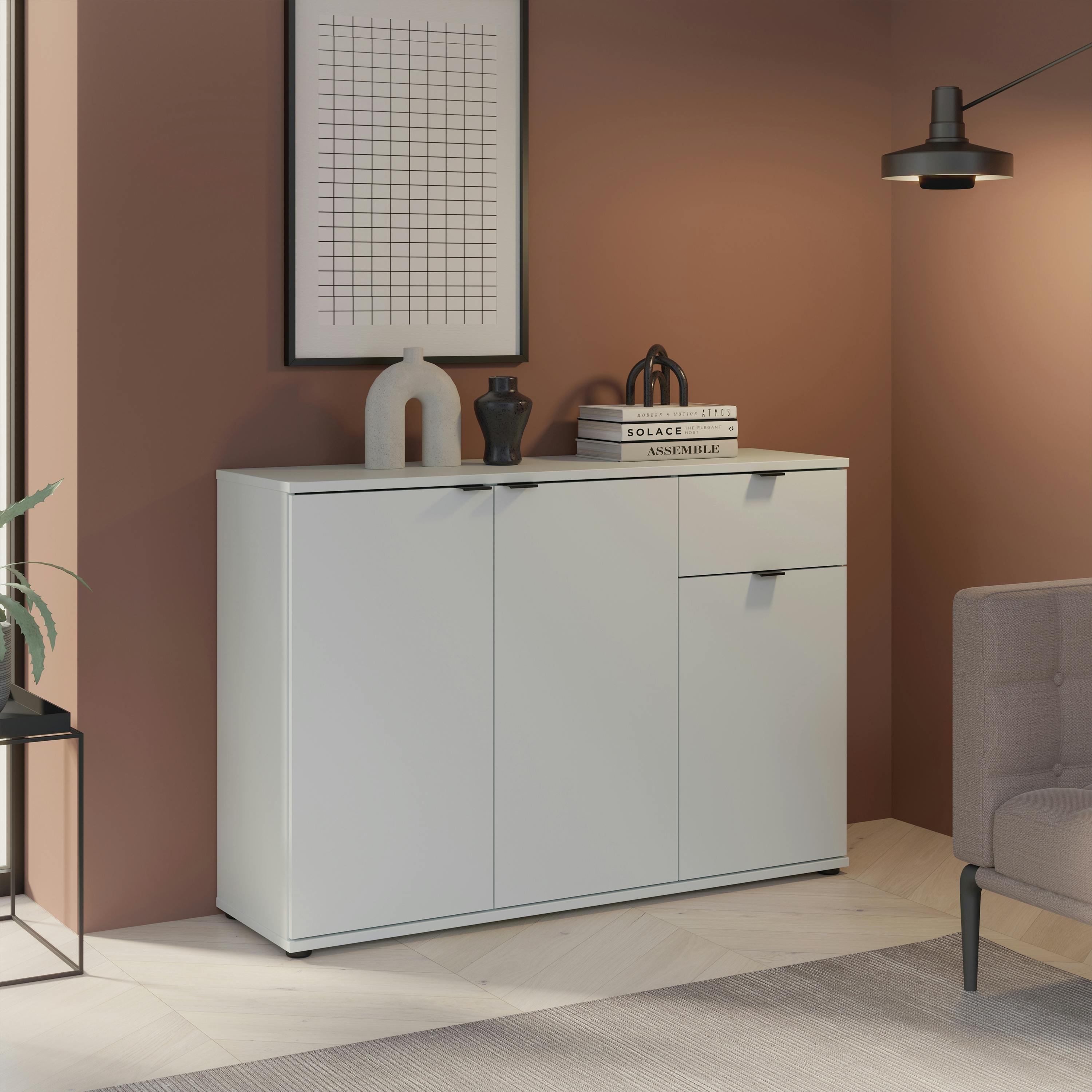 Rackhams Light/Grey Ganymede Wide 3 Door Cupboard With Drawer In - W 119.8 X H 82.3 X D 34.1Cm - 1 - Manufactured Wood