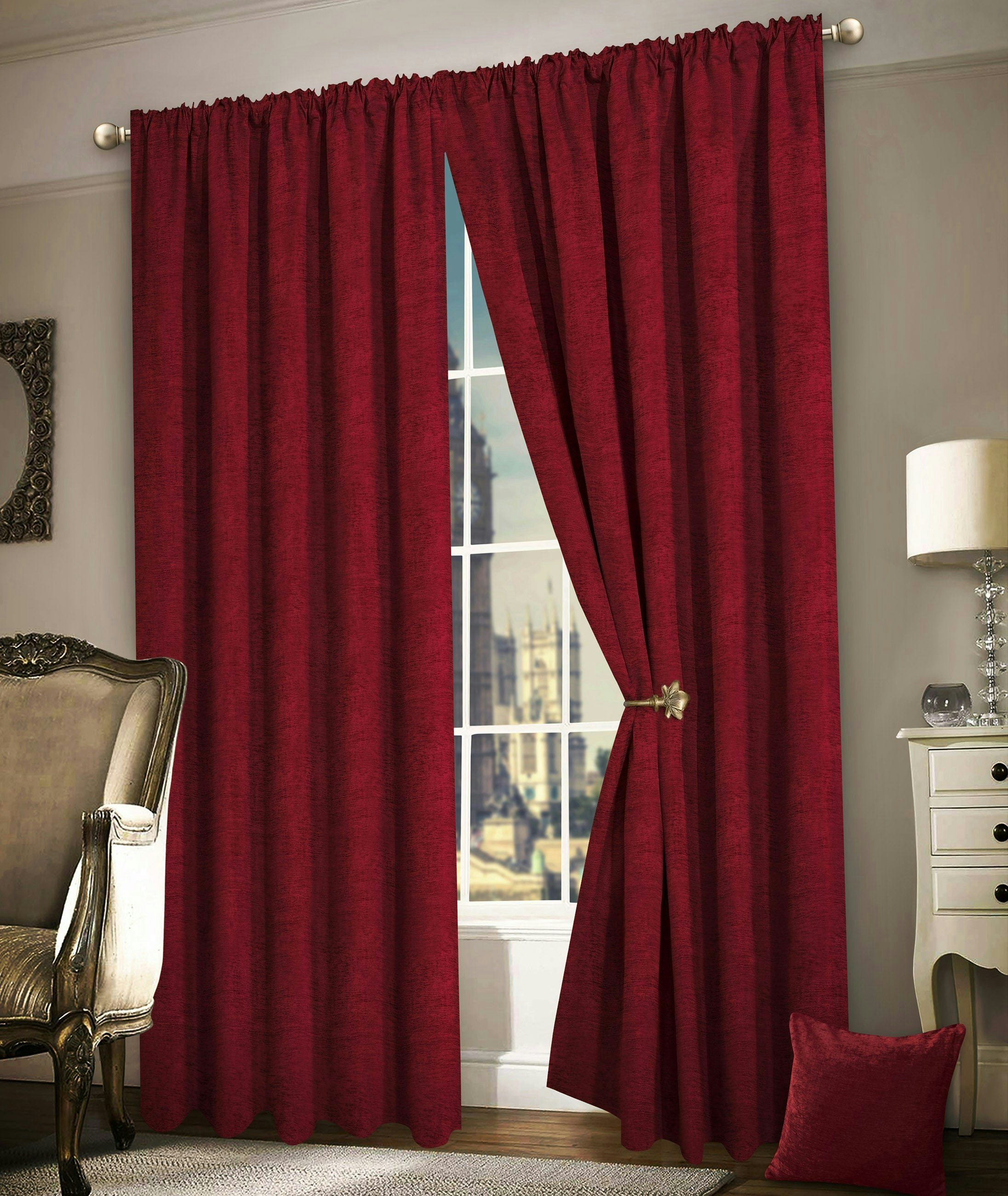 Intimates Luxury Plain Chenille Eyelet Curtains - 117Cm X 182Cm - Wine