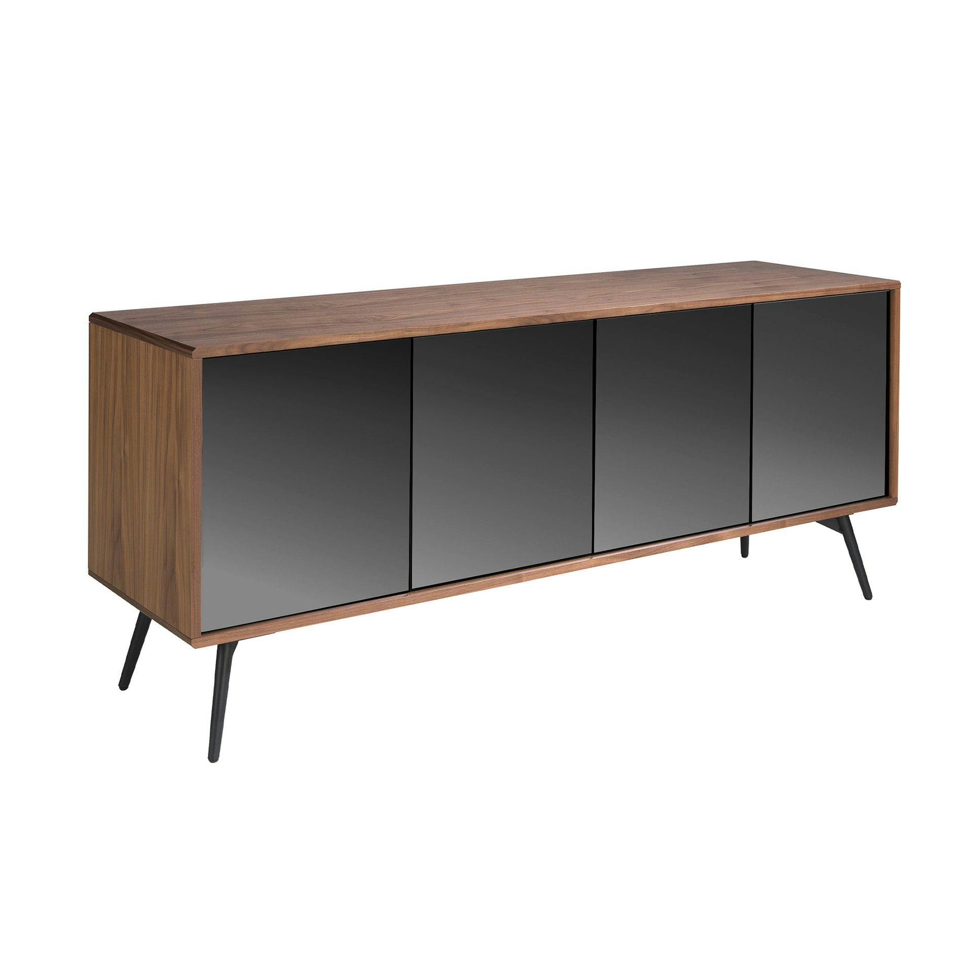 Rackhams Black Mirror Effect Glass, Walnut And Steel Sideboard 3061