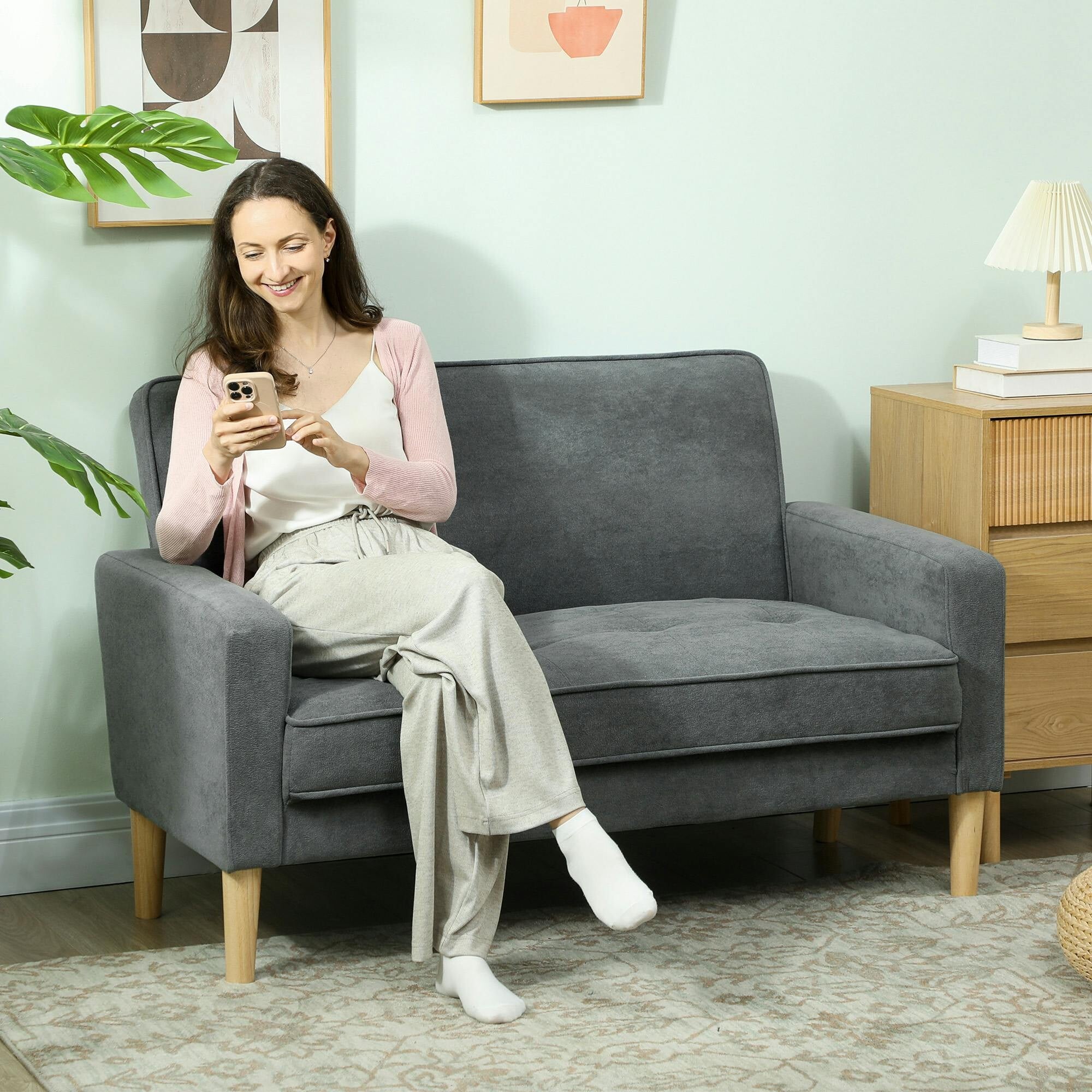 Rackhams Beige/Grey 2 Seater Sofa, Velvet-Feel Upholstered Loveseat For Small Space,
