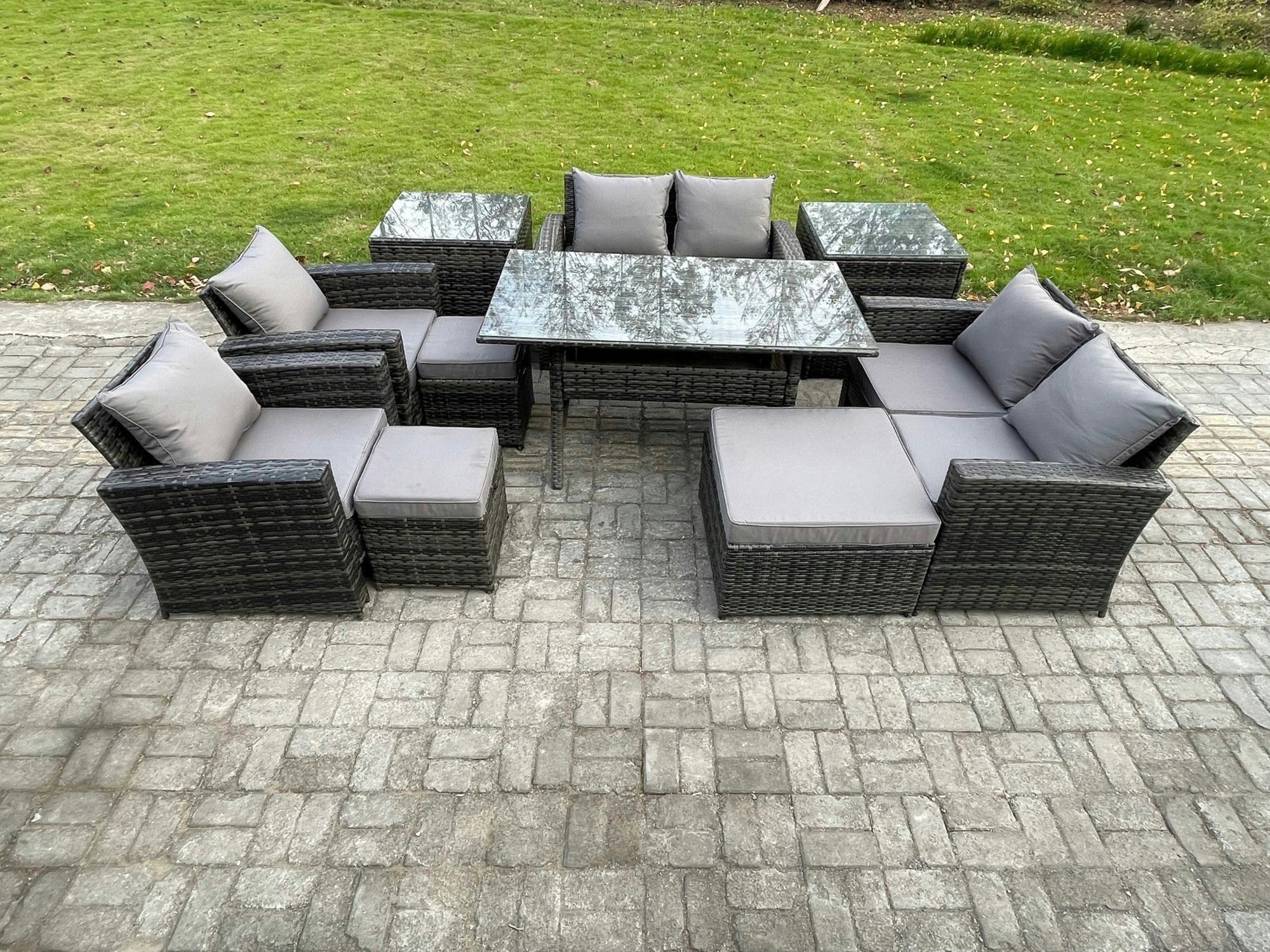 Rackhams Dark/Grey Garden Furniture Sets 10 Pieces Rattan Furniture Handmade Wicker Patio Sofa Set With 3 Footstools 2 Side Tables Mixed
