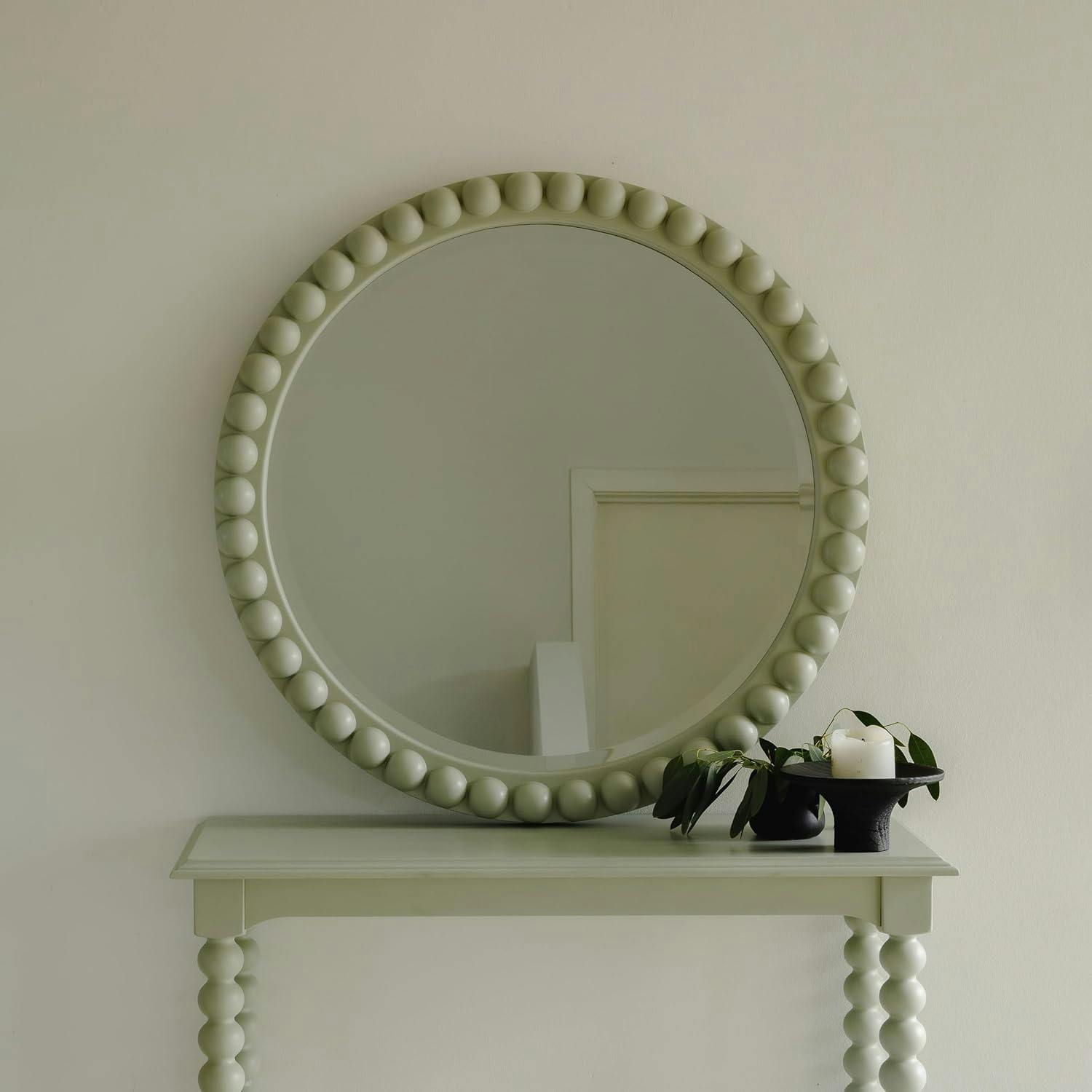 Statement Furniture Green Cromwell Round Wall Mirror With Bobbin Design Wooden Frame 77Cm - Pale Olive,