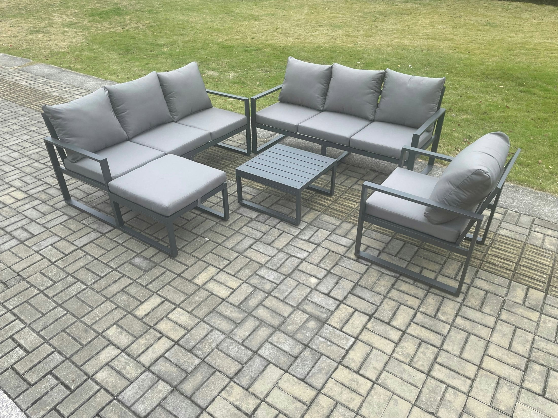 Rackhams Dark/Grey Aluminium 8 Seater Outdoor Garden Furniture Lounge Sofa Set With Square Coffee Table Chair Big Footstool