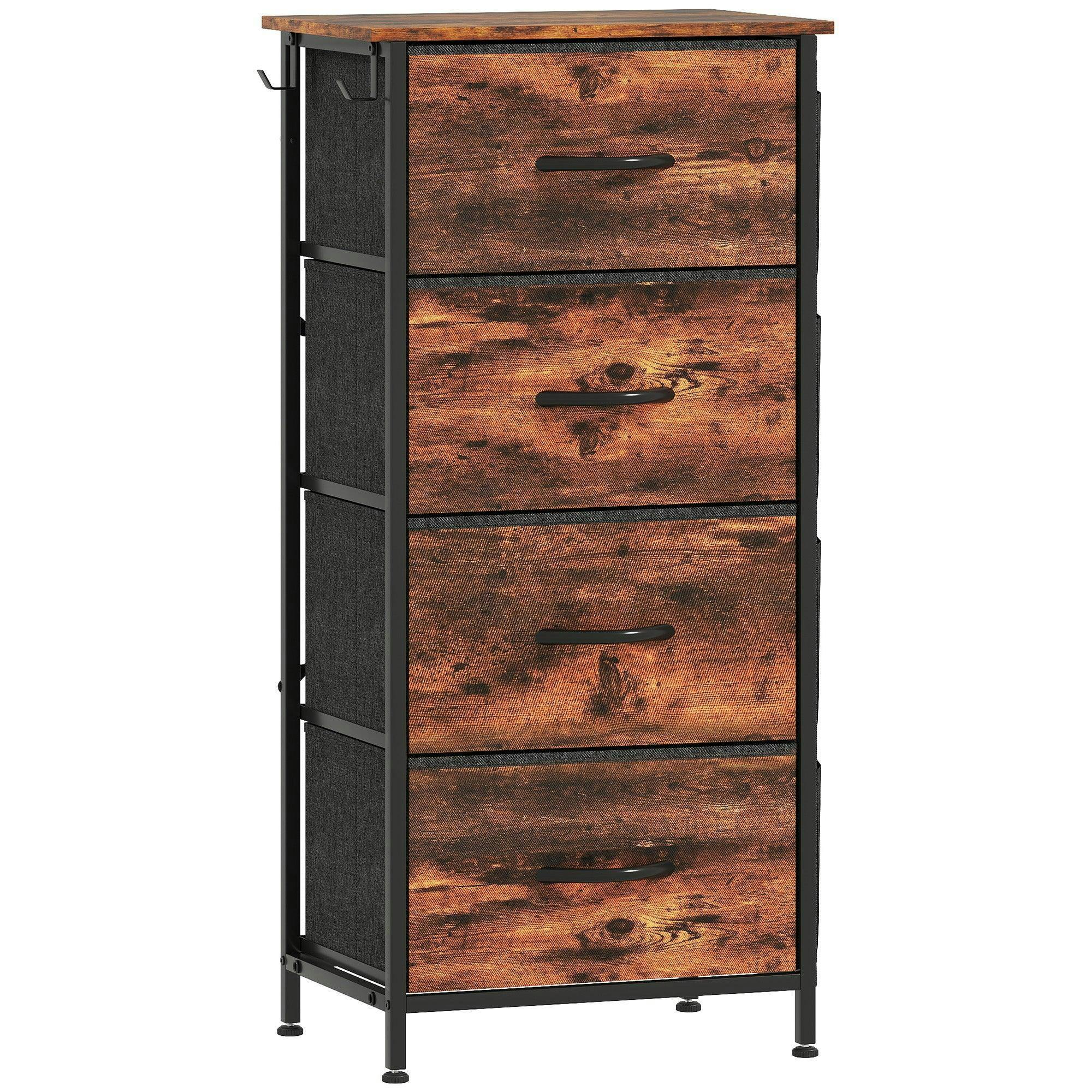 HOMCOM 4 Drawer Fabric Chest of Drawers - Rustic Brown - Steel Frame - 4 Side Pockets - 2 Hooks - Image 6