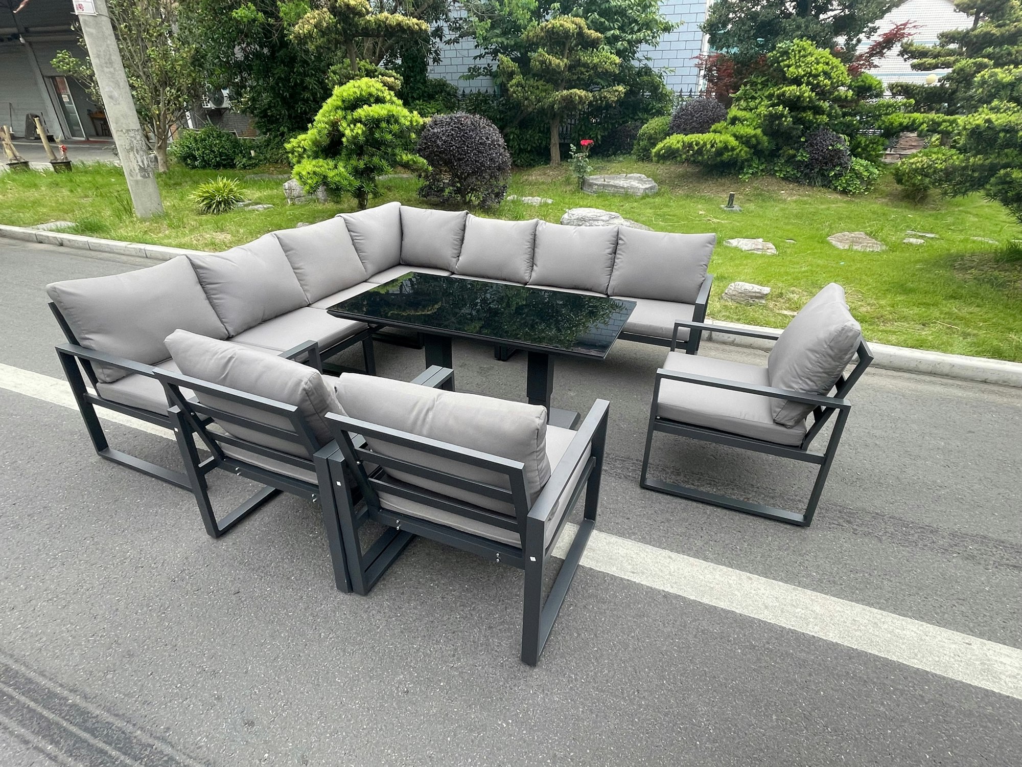 Rackhams Dark/Grey Aluminum Outdoor Garden Furniture Corner Sofa 3 Arm Chair Adjustable Rising Lifting Dining Table Set 10 Seater