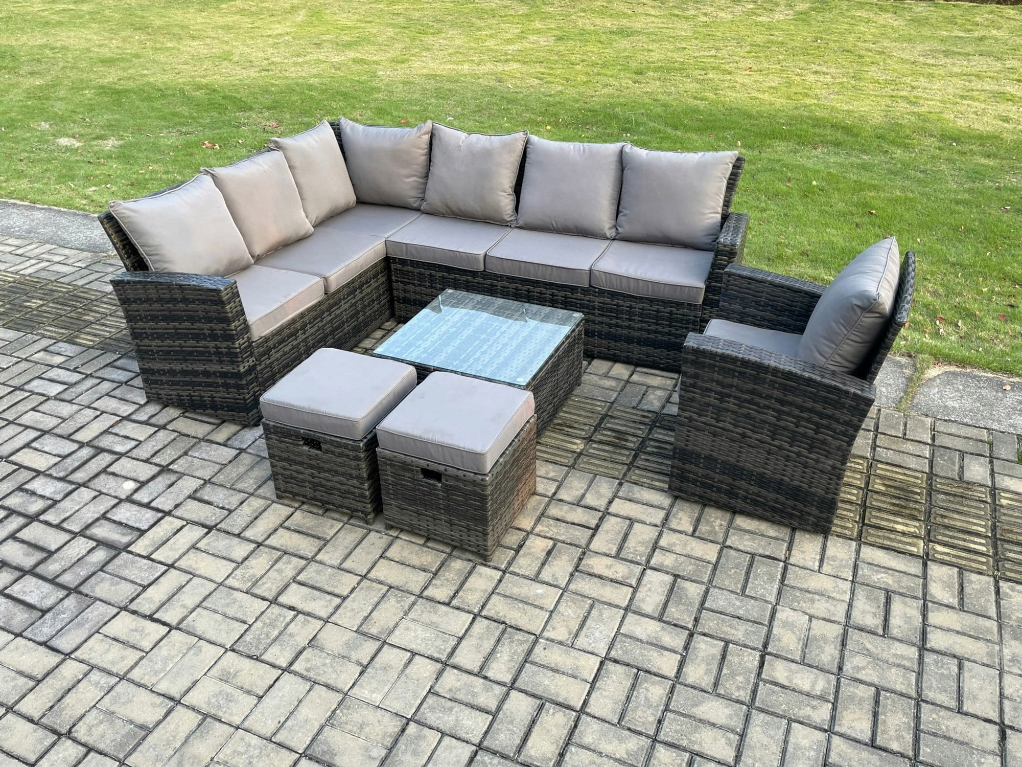 Rackhams Dark/Grey 9 Seater Outdoor Furniture Garden Dining Set Rattan Corner Sofa Set With Square Coffee Table 2 Small Footstools Mixed