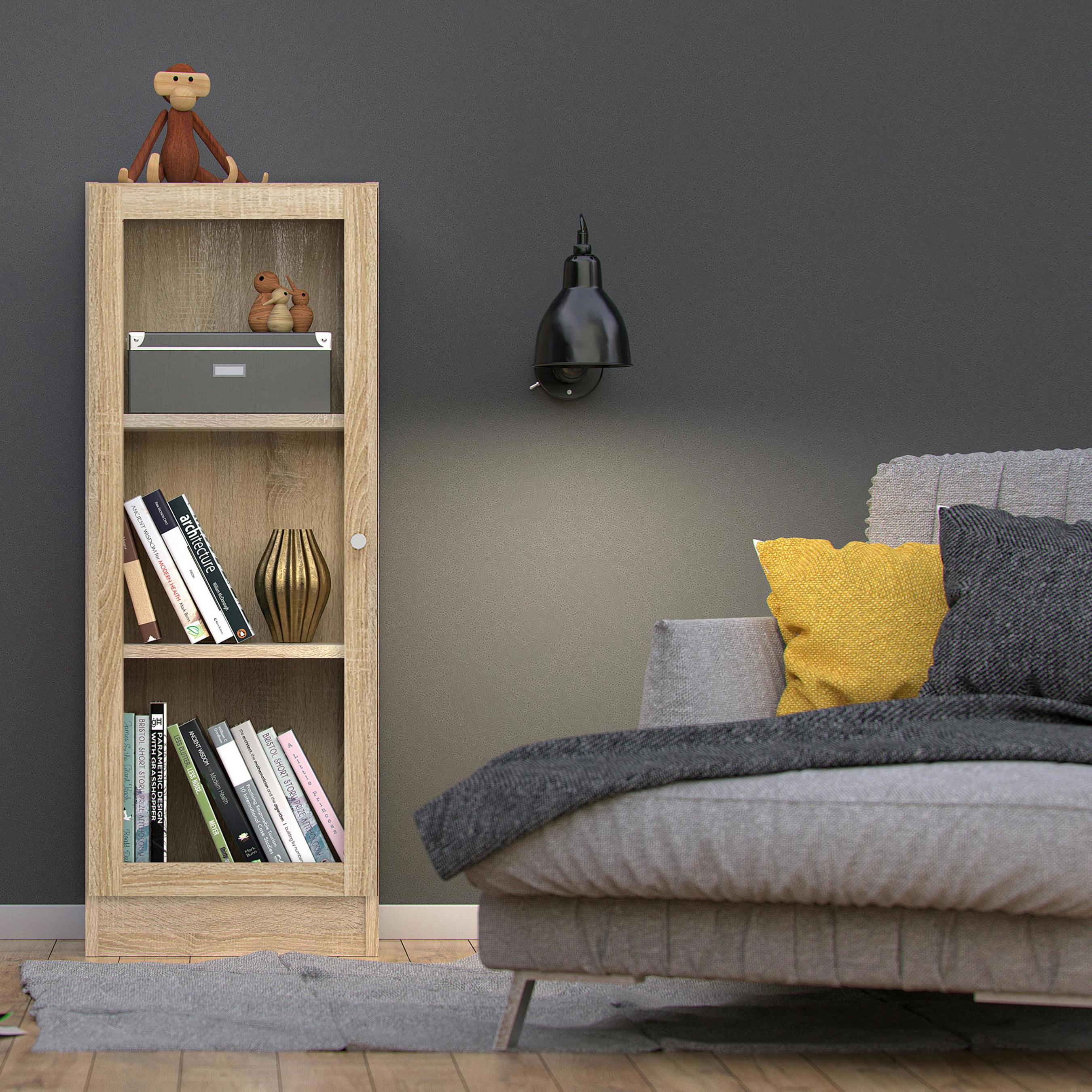 Rackhams White/Light Basic Low Narrow Display Cabinet In Oak (2 Shelves) With Glass Oak Door - Matt - Oak - W 40.6 X H 107.2 X D 26.7Cm