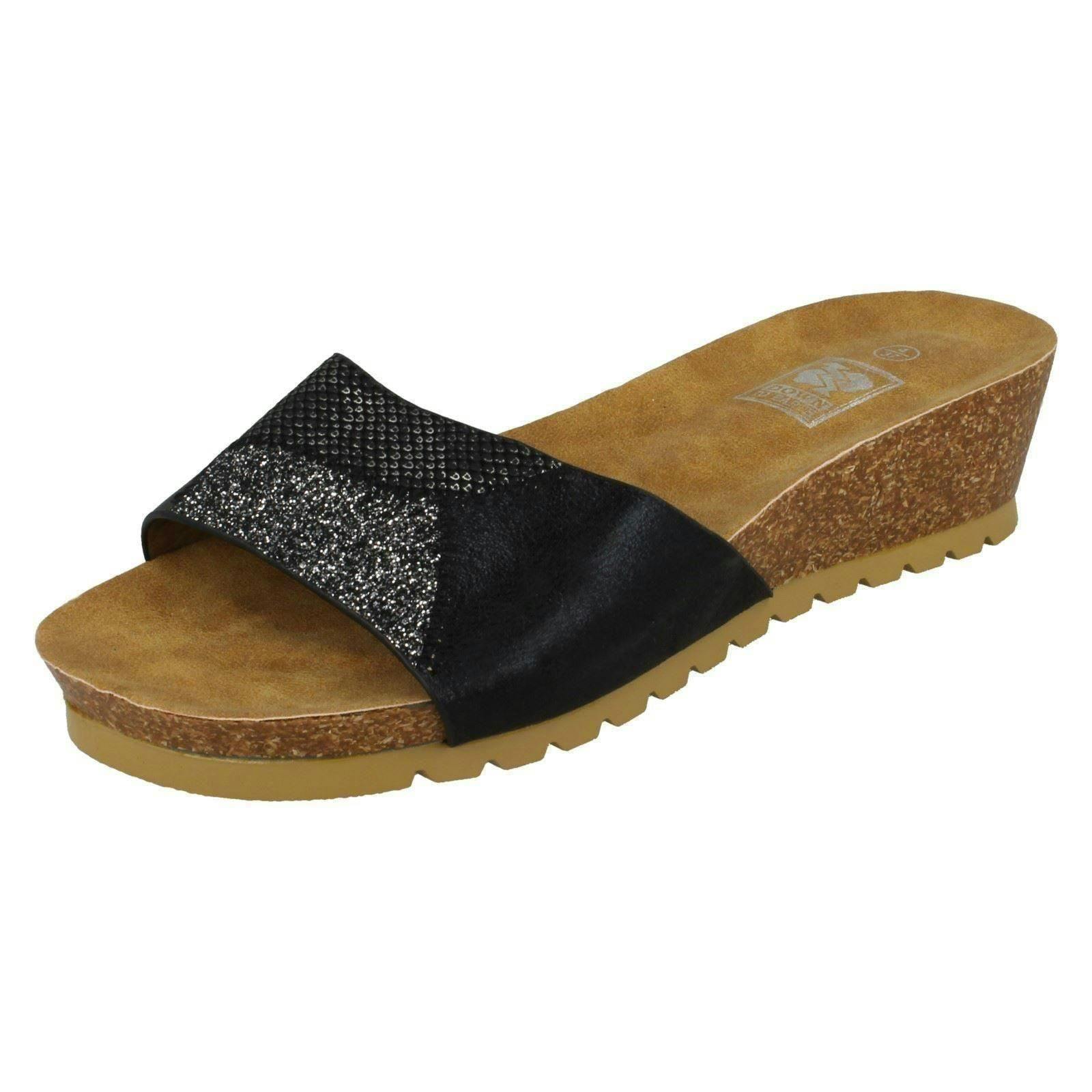 Down To Earth Women's Black Mid Cork Wedge Sandals - Uk 5