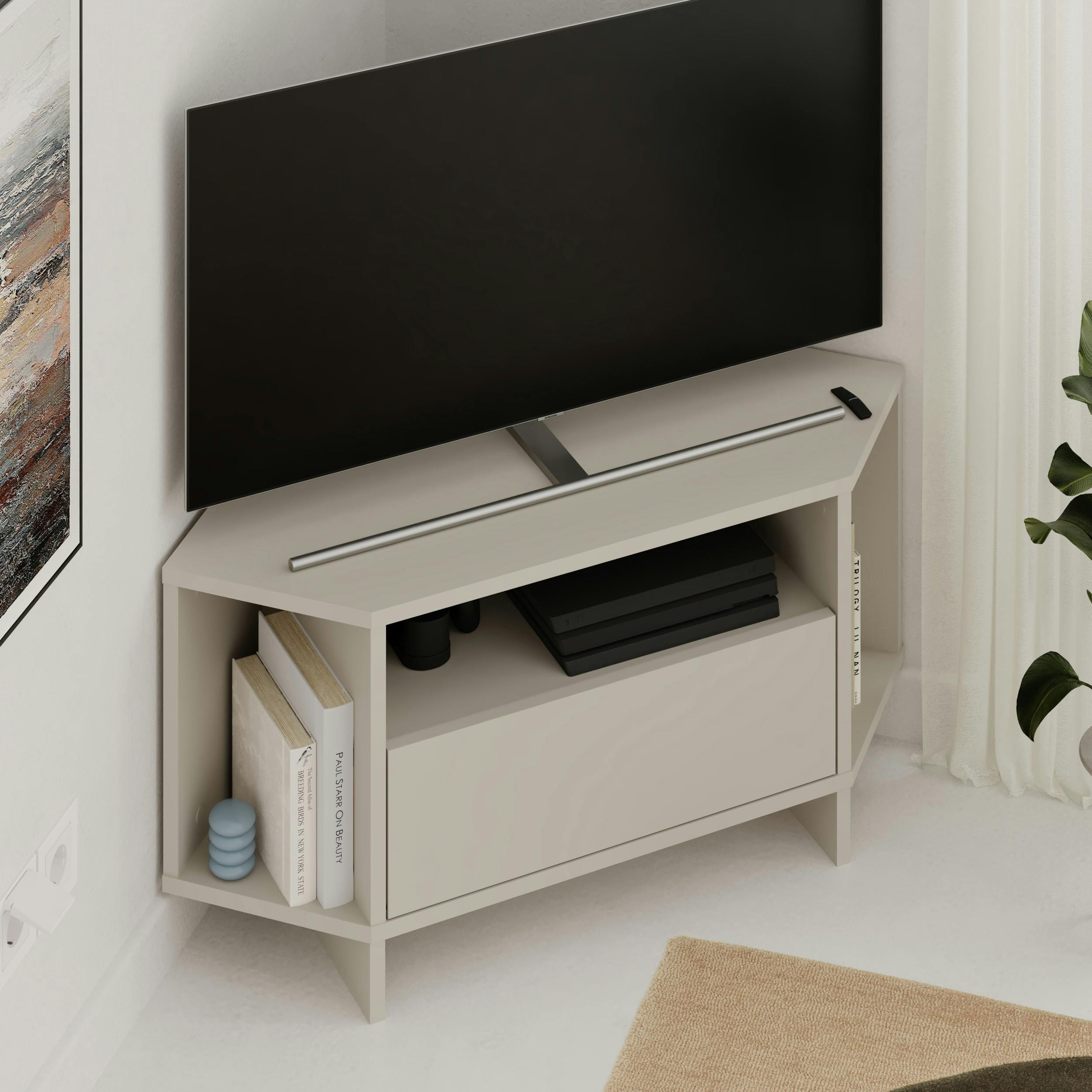Rackhams White/Dark/Green Modern Viva Corner Tv Unit Shelf Up To 36 Inch Tvs Push To Open Storage Cabinet, 3 Open Shelf Media Centre 95.7(W)Cm - Sandstone