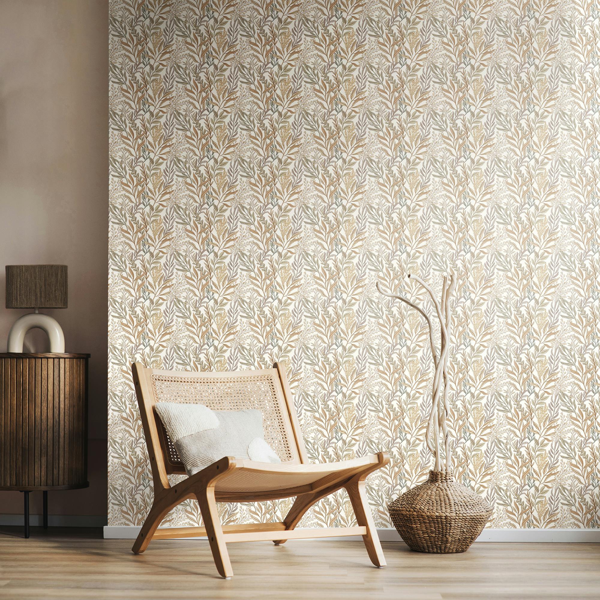 Hoopla Walls Verdant Leaves - Parchment 10M Wallpaper