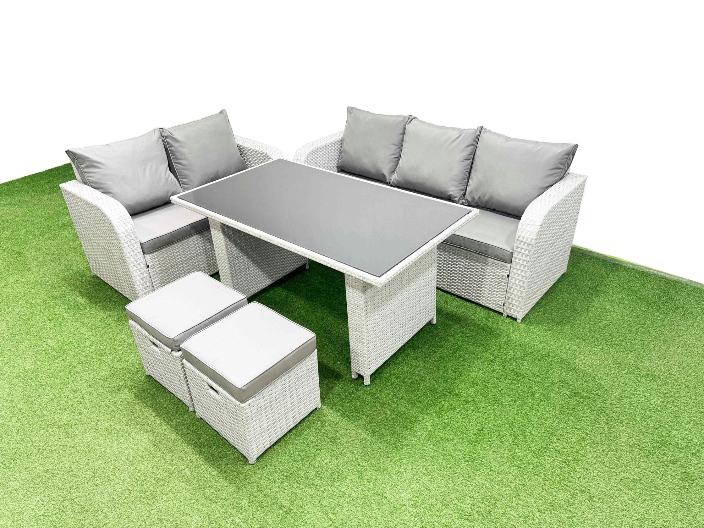 Rackhams Light/Grey Garden Furniture Set Pe Ratten Garden Sofa Set With Rectangular Dining Table 2 Small Stools