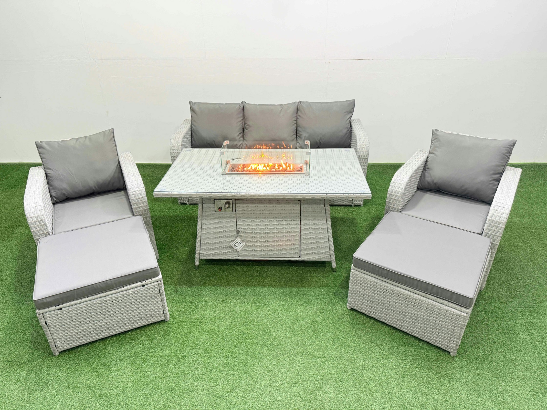Rackhams Light/Grey Pe Rattan Garden Furniture Set Reclining Chair Sofa Lounge Sofa Set Fire Pit Dining Table 2 Big Footstool