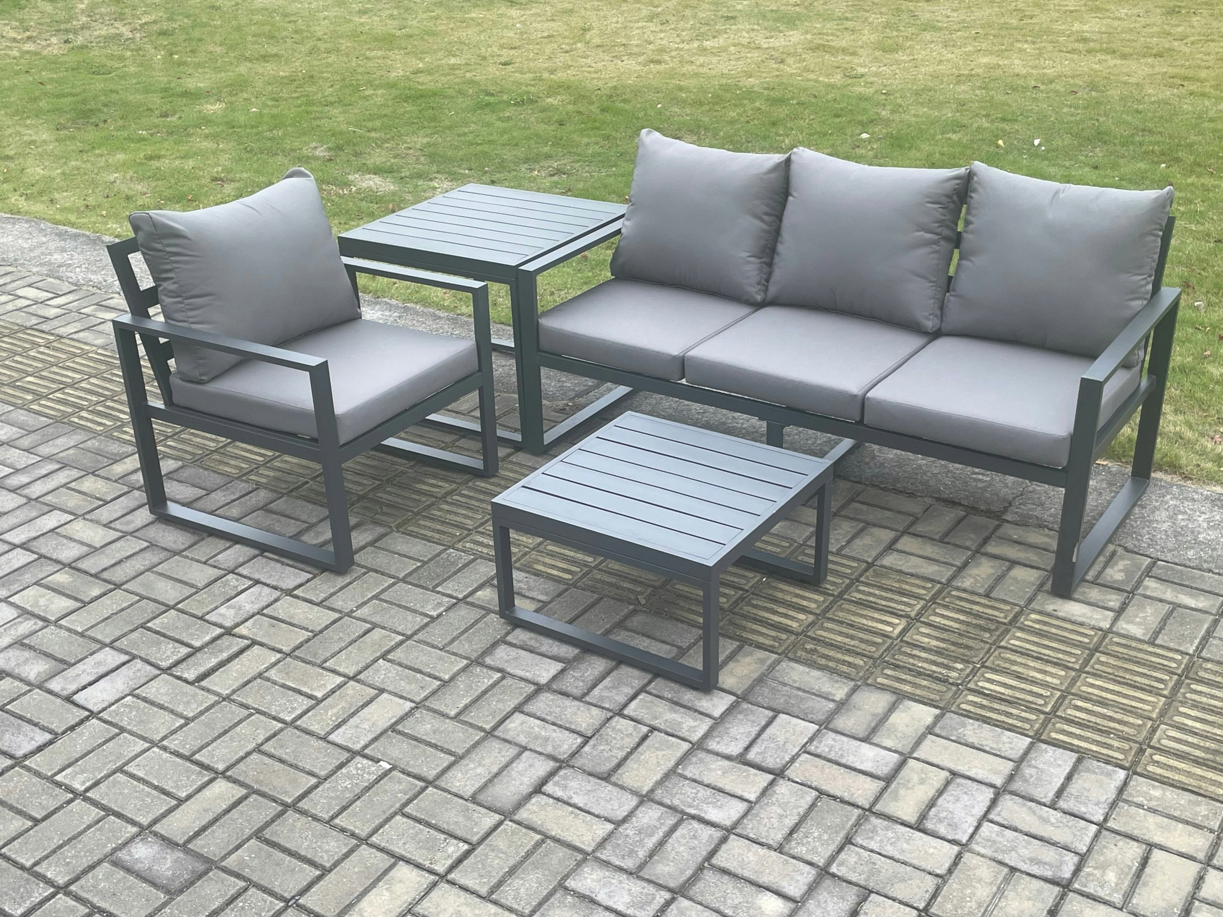 Rackhams Dark/Grey Aluminium Outdoor Garden Furniture Set Lounge Sofa Chairs Square Coffee Table Sets With Side Table Conservatory Set