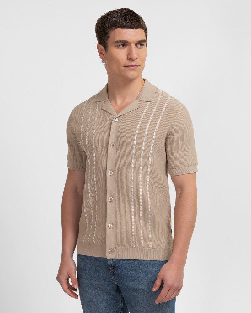 Steel & Jelly Holborn - Stripe Textured Short Sleeve Shirt - Stone - L