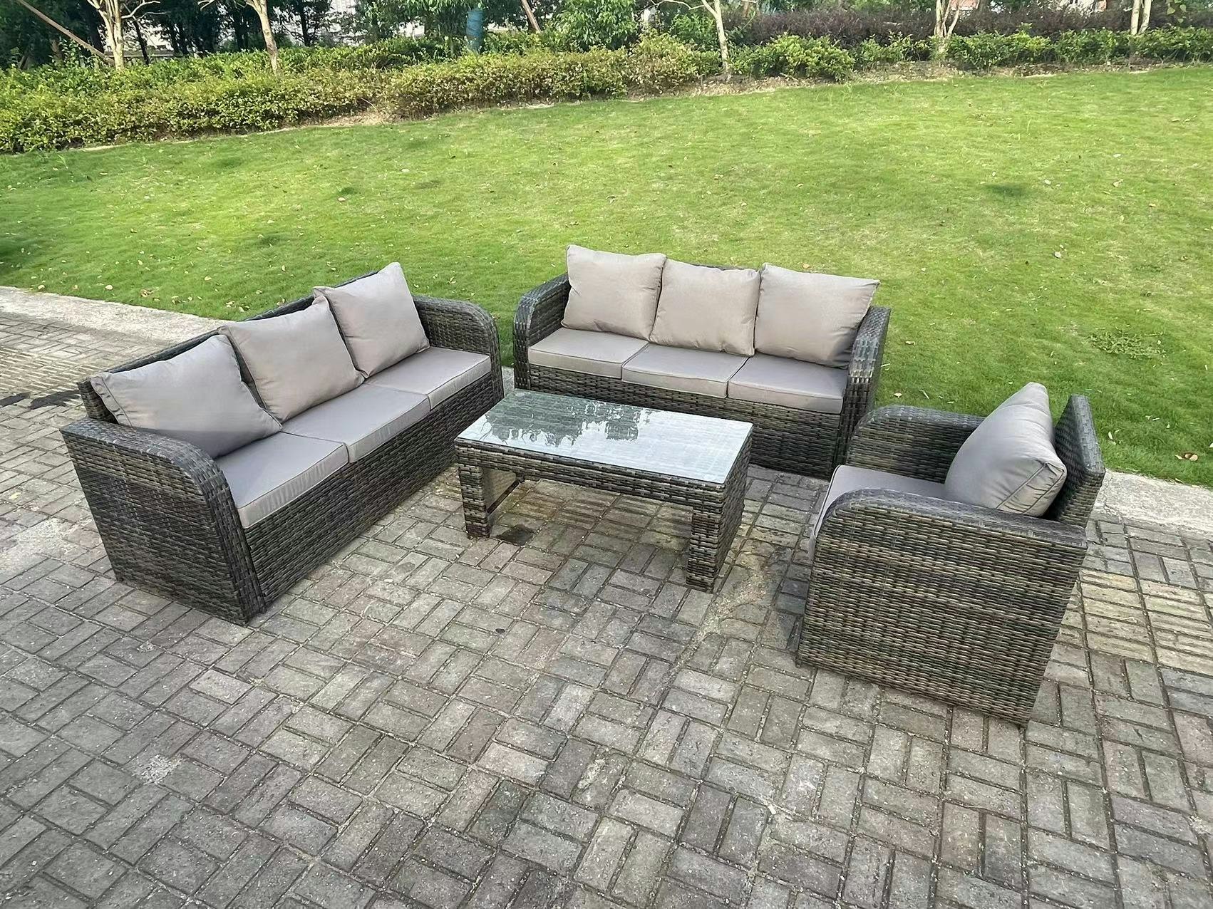 Rackhams Dark/Grey 7 Seater Pe Wicker High Back Rattan Garden Furniture Set Reclining Chair Lounge 3 Seater Sofa Set Outdoor Rectangular Coffee Table