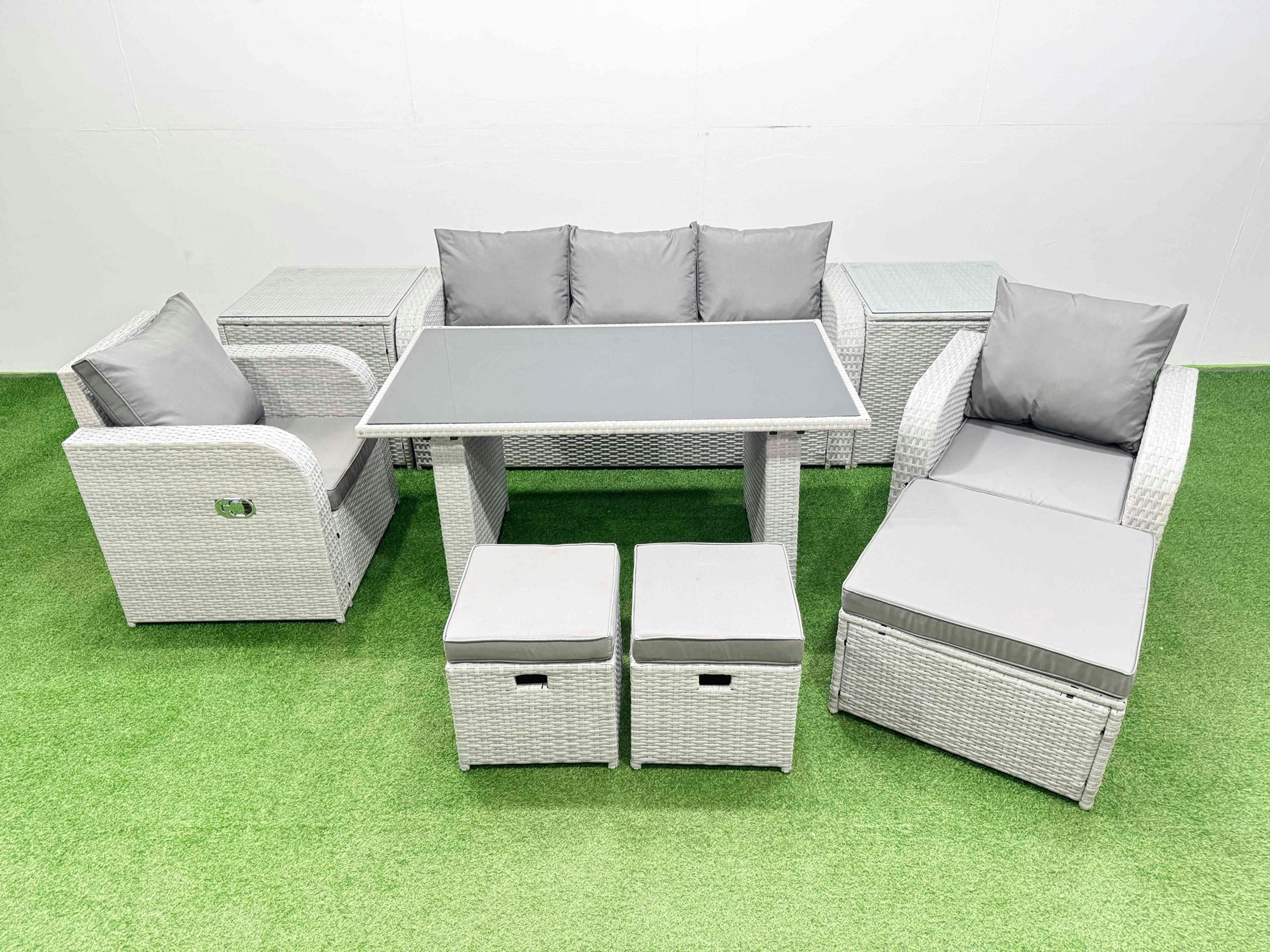 Rackhams Outdoor Rattan Garden Furniture Dining Set 8 Seater Patio Rectangular Table 3 Seater Sofa Reclining Chair Set With 2 Side Tables 3 Stools