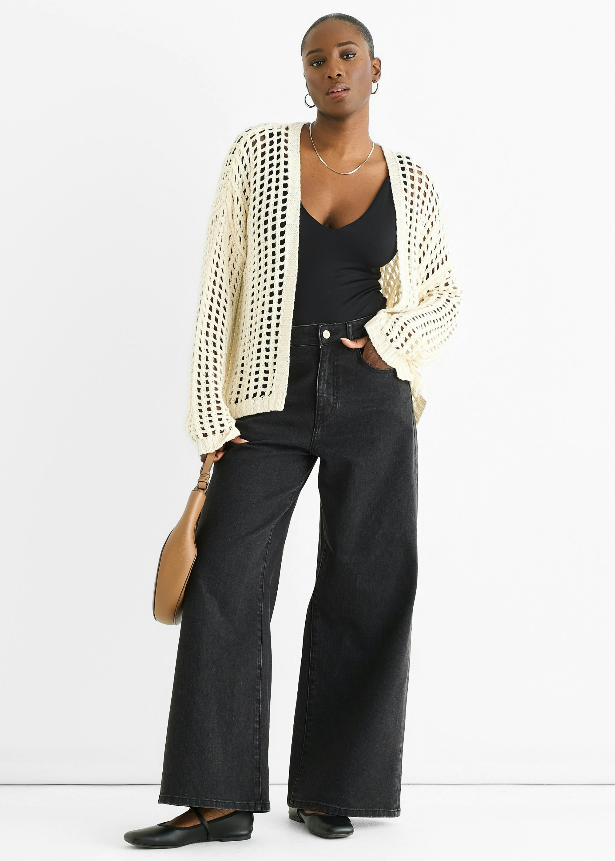 Gini London Women's Cream Open Knit Edge To Edge Cardigan | Size: Large/Xl - Image 3